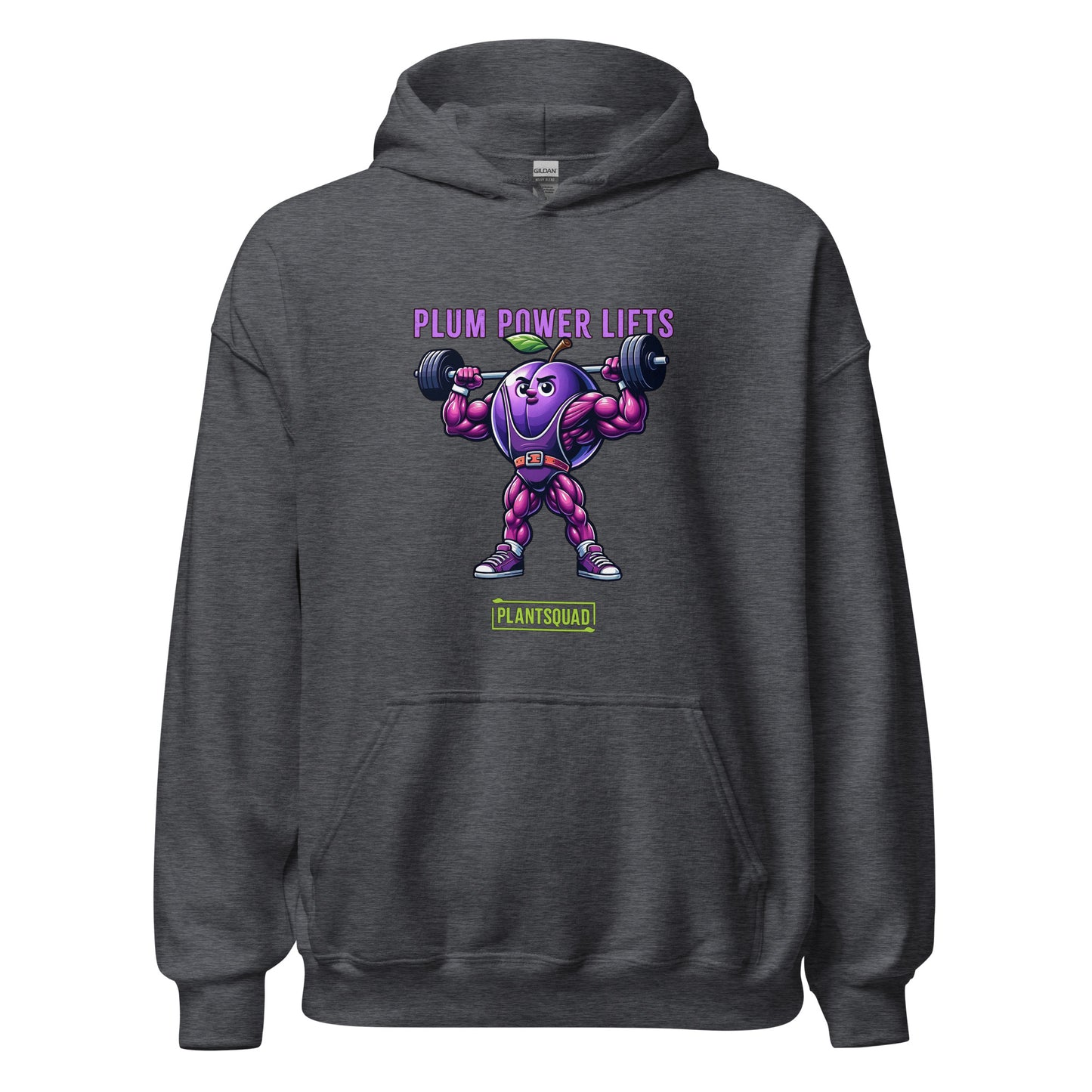 **Plantsquad Plum "Plum Power Lifts" - Unisex Hoodie** featuring a muscular cartoon plum character lifting barbells. Above the character, the text reads "PLUM POWER LIFTS" in purple letters. Below the character, the text reads "PLANT SQUAD" in green letters, perfect for those embracing a plant-based or vegan lifestyle.