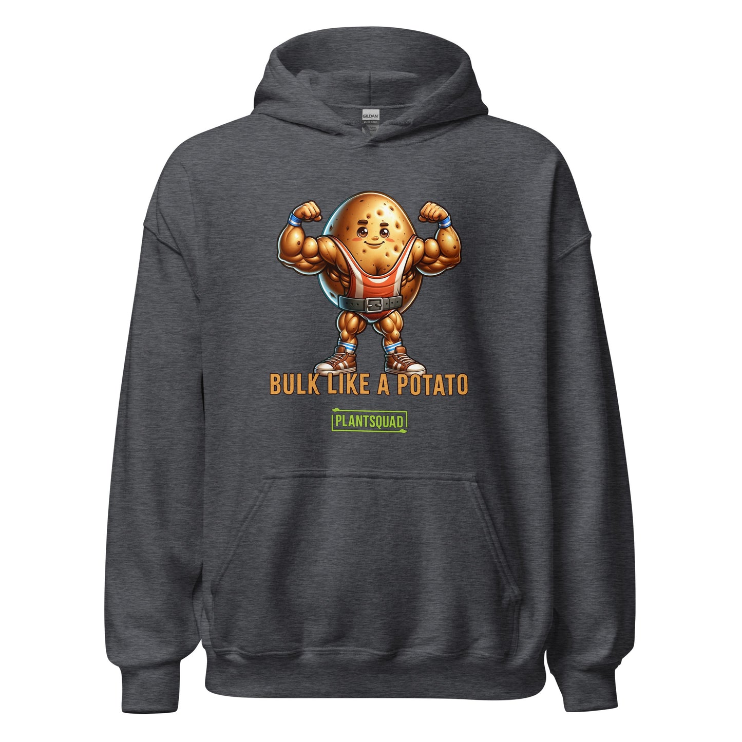 A Plantsquad Potato "Bulk Like A Potato" - Unisex Hoodie featuring a muscular cartoon potato character flexing its biceps. The text below the character reads "BULK LIKE A POTATO," with the word "PLANTSQUAD" in a green box underneath. Perfect for embracing a vegan lifestyle while staying cozy and showcasing your love for weight lifting.