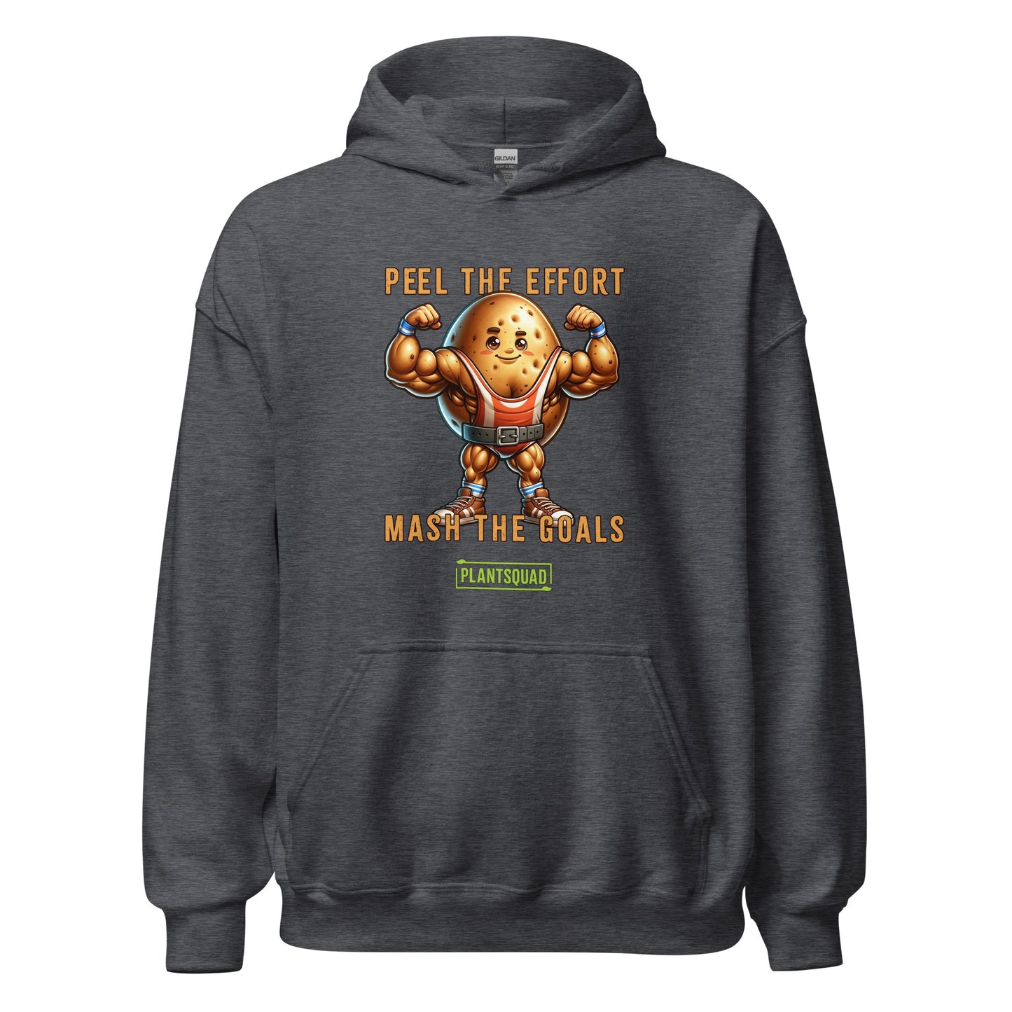 The Plantsquad Potato "Peel The Effort Mash The Goals" - Unisex Hoodie features a muscular potato character lifting weights. Above and below the potato, texts read "Peel The Effort" and "Mash The Goals." Promoting a vegan lifestyle, the word "PlantSquad" is displayed beneath the potato graphic.