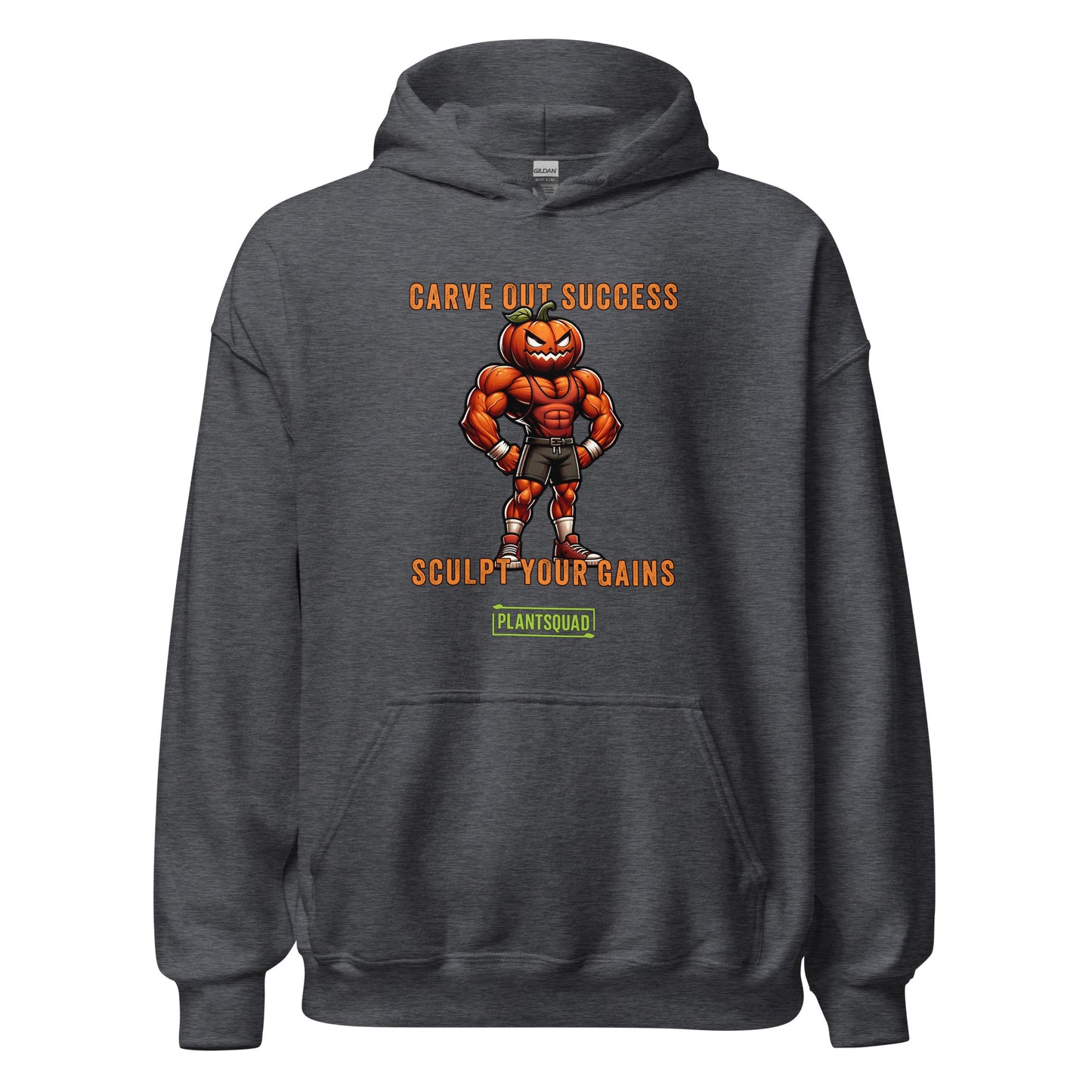 A black weight lifting hoodie features an illustration of a muscular pumpkin-headed figure in workout attire. The text above and below reads "Carve Out Success" and "Sculpt Your Gains," with a small "PlantSquad" logo at the bottom, celebrating the vegan lifestyle. This is the Plantsquad Pumpkin "Carve Out Your Success Sculpt Your Gains" - Unisex Hoodie.