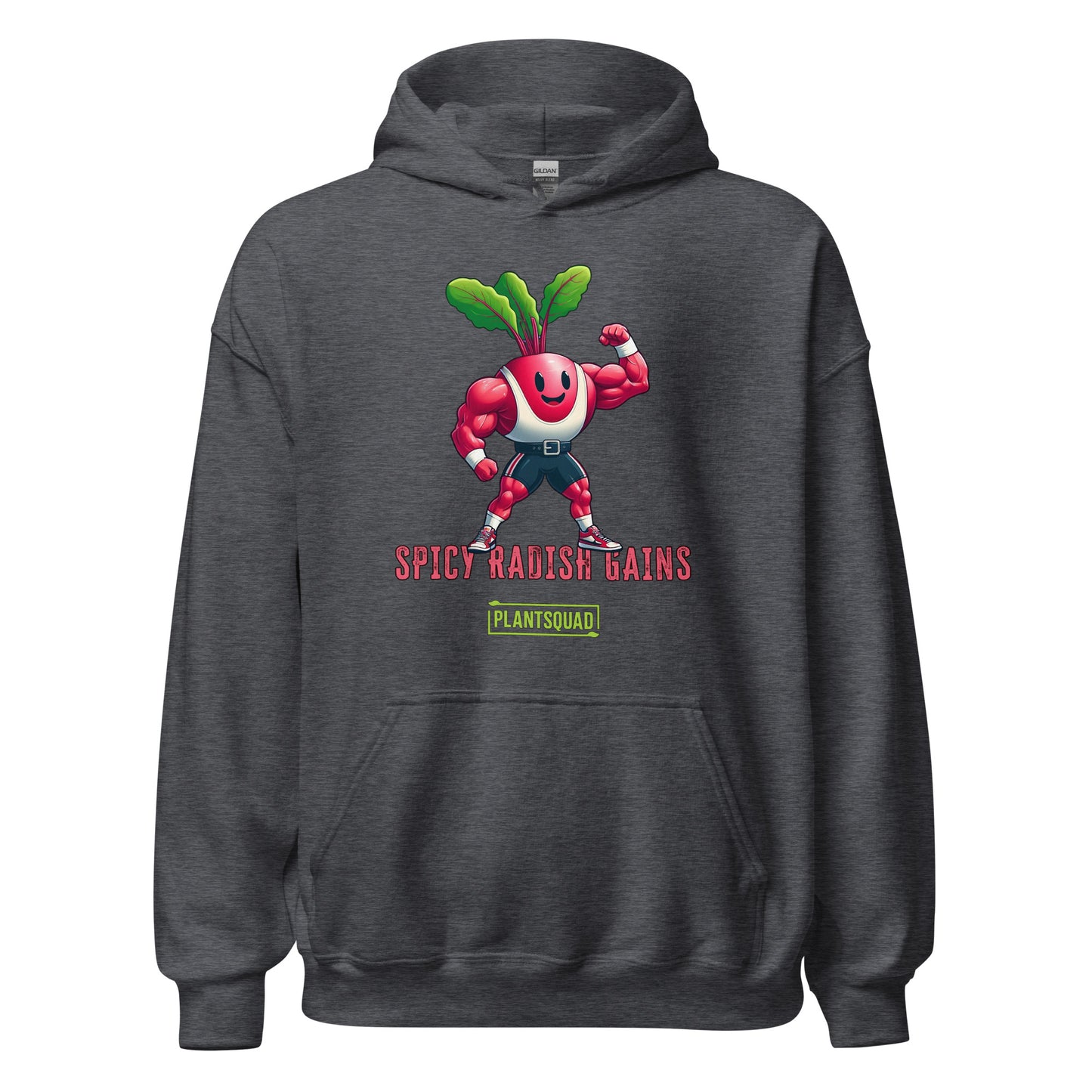 A Plantsquad Radish "Spicy Radish Gains" - Unisex Hoodie made of cozy fabric displays a cartoon radish character with muscular arms, flexing one arm. The radish has a smiling face and green leaves on top. Below it, the text reads "SPICY RADISH GAINS" in bold red letters, with a green banner reading "PLANTSQUAD" underneath—a perfect fit for the vegan lifestyle and weight lifting enthusiasts.