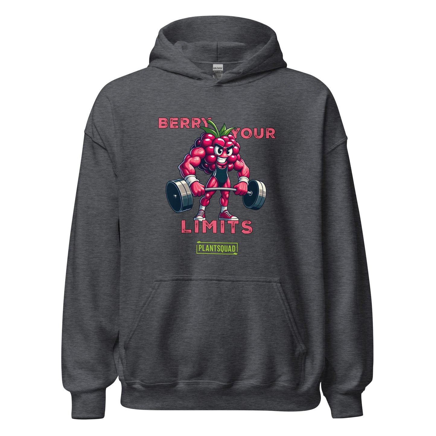 A black hoodie with a printed cartoon image of a muscular strawberry character lifting dumbbells. The text above reads "Berry Your Limits," perfect for those embracing a vegan gym wear style, and "Plantsquad" is written below the character. Introducing the Plantsquad Raspberry "Berry Your Limits" - Unisex Hoodie.