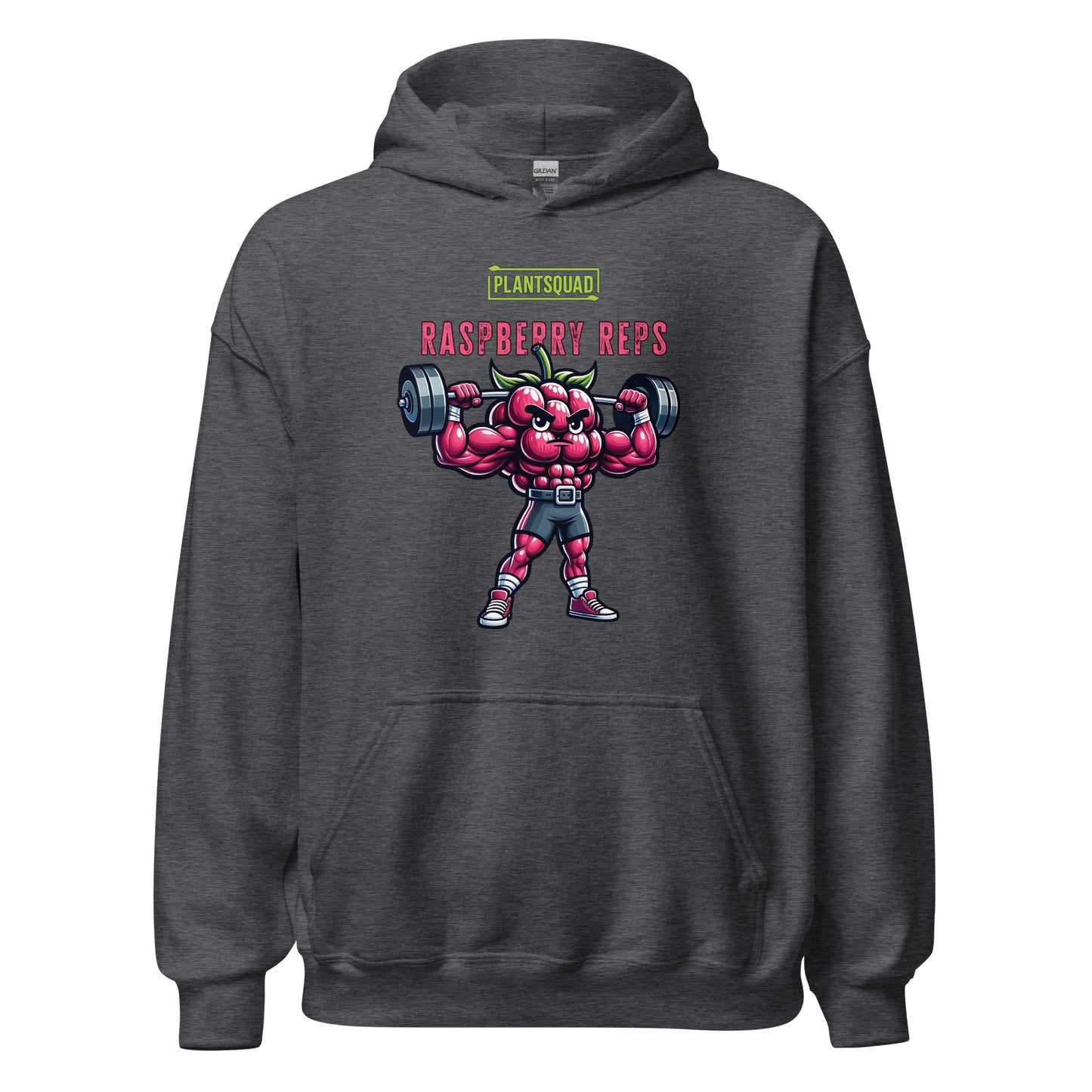 A black weight-lifting Plantsquad Raspberry "Raspberry Reps" - Unisex Hoodie featuring a muscular, animated raspberry character lifting a barbell. The text above the character reads "PLANTSQUAD" and below it says "Raspberry Reps." Perfect for gym enthusiasts embracing a plant-based vegan lifestyle, the design is colorful and playful, emphasizing fitness with a fun, fruity twist.