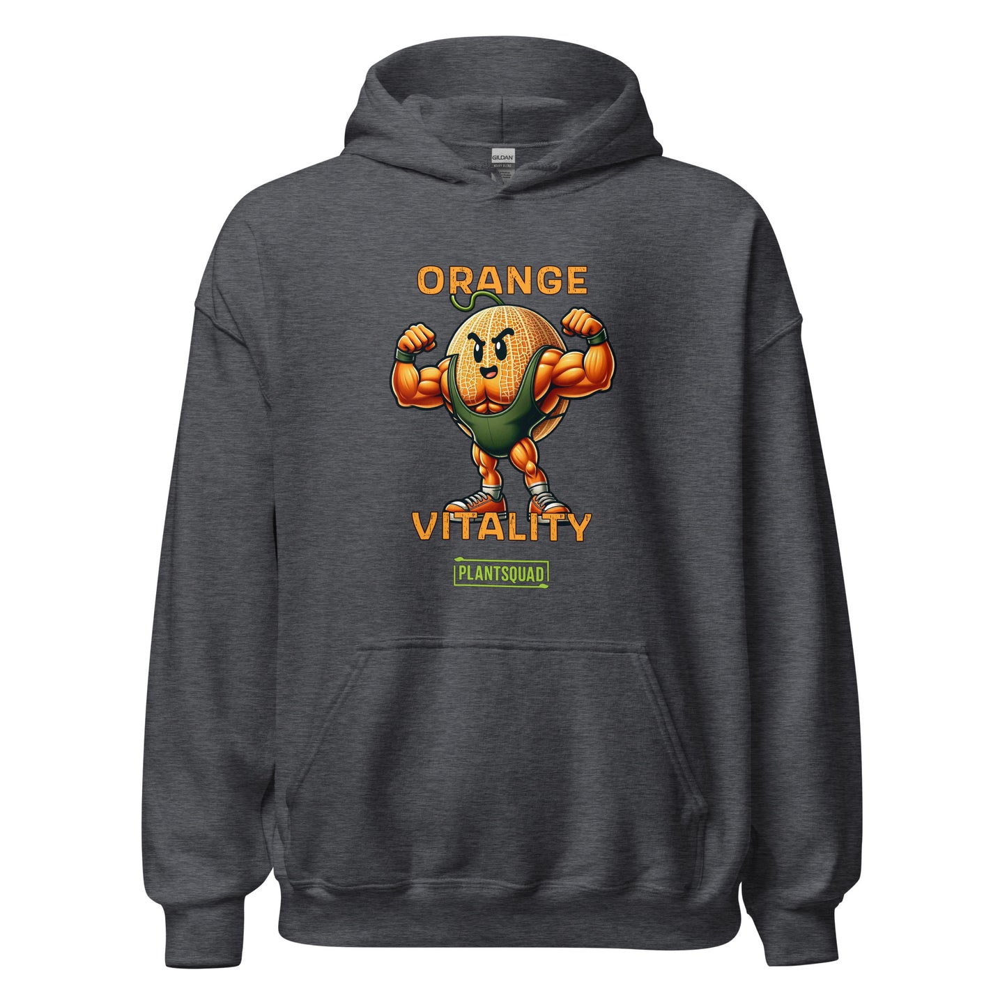 A black hooded sweatshirt boasts a muscular, cartoon orange with a fierce expression, flexing its arms. Above the orange, text reads "ORANGE VITALITY." Below it, a logo with the text "PLANTSQUAD" celebrates the vegan lifestyle. The product is called Plantsquad Rockmelon "Orange Vitality"" - Unisex Hoodie.