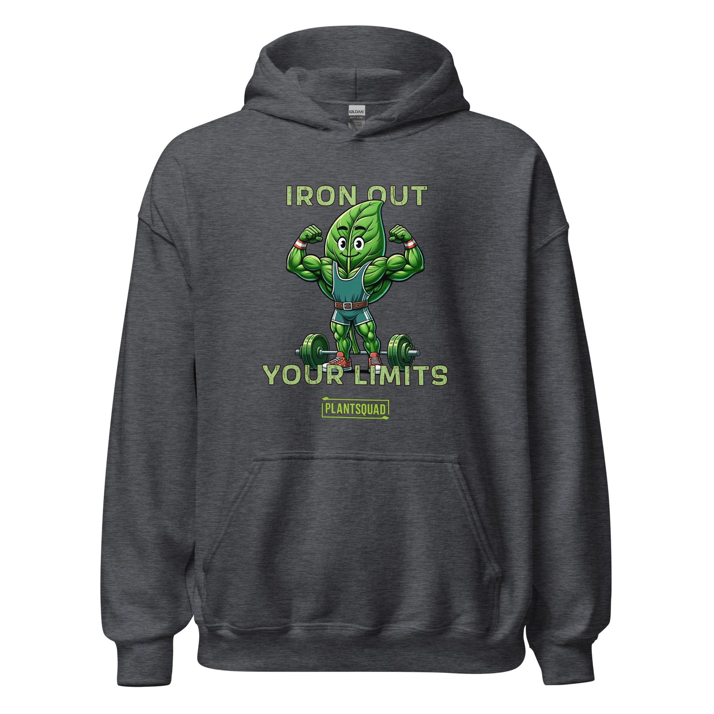 A **Plantsquad Spinach "Iron Out Your Limits" - Unisex Hoodie** features a cartoon illustration of a muscular leaf character lifting a barbell. The text above and below the character reads, "IRON OUT YOUR LIMITS," with "PLANTSQUAD" on a banner beneath, celebrating the vegan lifestyle.