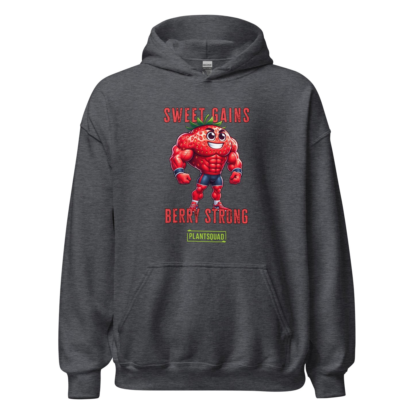 A black Plantsquad Strawberry "Sweet Gains Berry Strong" - Unisex Hoodie featuring a muscular, anthropomorphic strawberry character at the center, perfect for embracing a vegan lifestyle. Text above the strawberry reads "Sweet Gains" and below it reads "Berry Strong" with a small "PlantSquad" logo underneath. Made from cozy fabric, ideal for post-weight lifting comfort.