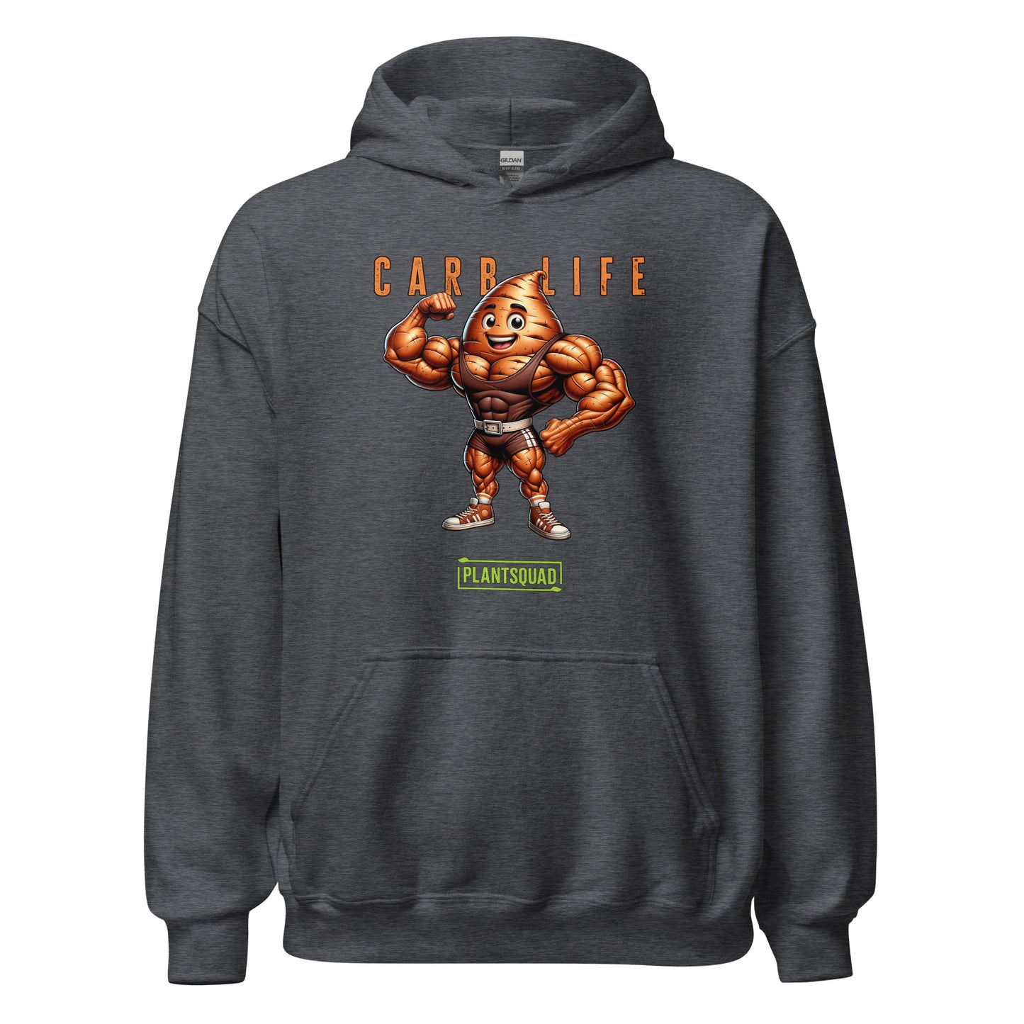 A Plantsquad Sweet Potato "Carb Life" - Unisex Hoodie featuring a cartoon image of a muscular vegetable with a smiling face. Above the image is the text "CARB LIFE" in orange letters, and below it is a green and white logo that reads "PLANTSQUAD." Made from cozy fabric, it's perfect for those embracing a vegan lifestyle.