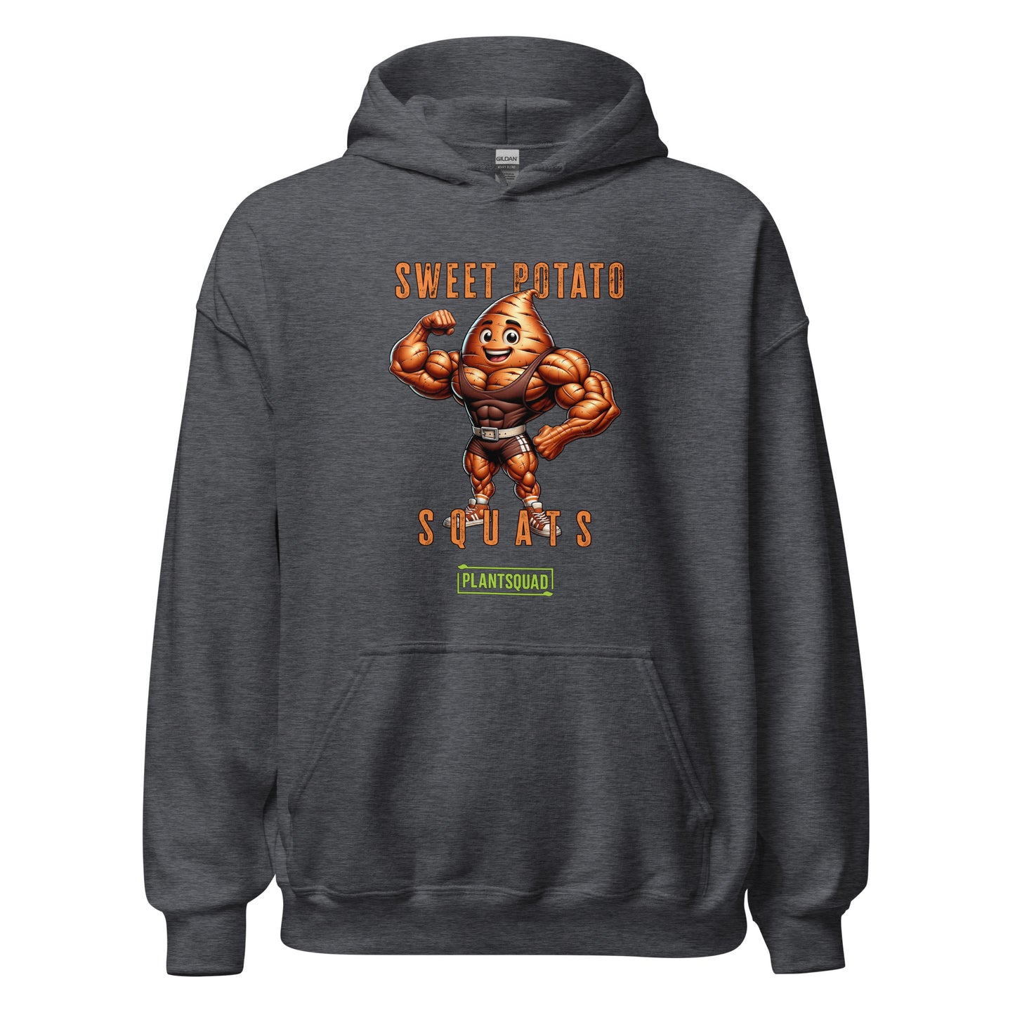 A black Plantsquad Sweet Potato "Sweet Potato Squats" - Unisex Hoodie featuring a muscular anthropomorphic sweet potato flexing its arms. The text above reads "Sweet Potato Squats" and below reads "Plantsquad." The sweet potato character is smiling, wearing a weightlifting belt, and the cozy fabric makes it perfect for anyone embracing the vegan lifestyle.