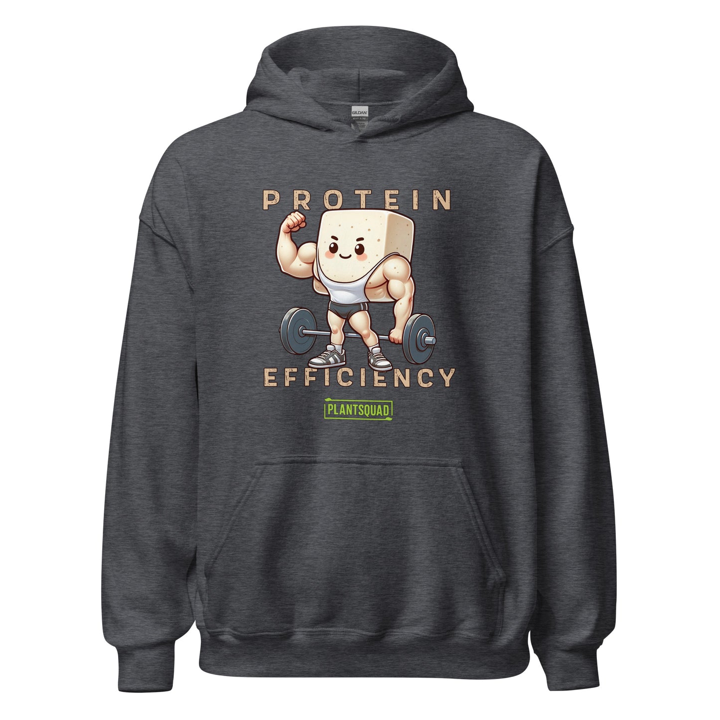 This Plantsquad Tofu "Protein Efficiency" - Unisex Hoodie features an illustration of a muscular cartoon tofu character lifting a barbell, celebrating the vegan lifestyle. The text above and below reads "PROTEIN EFFICIENCY." Below the illustration, there's a small logo that says "PLANTSQUAD.