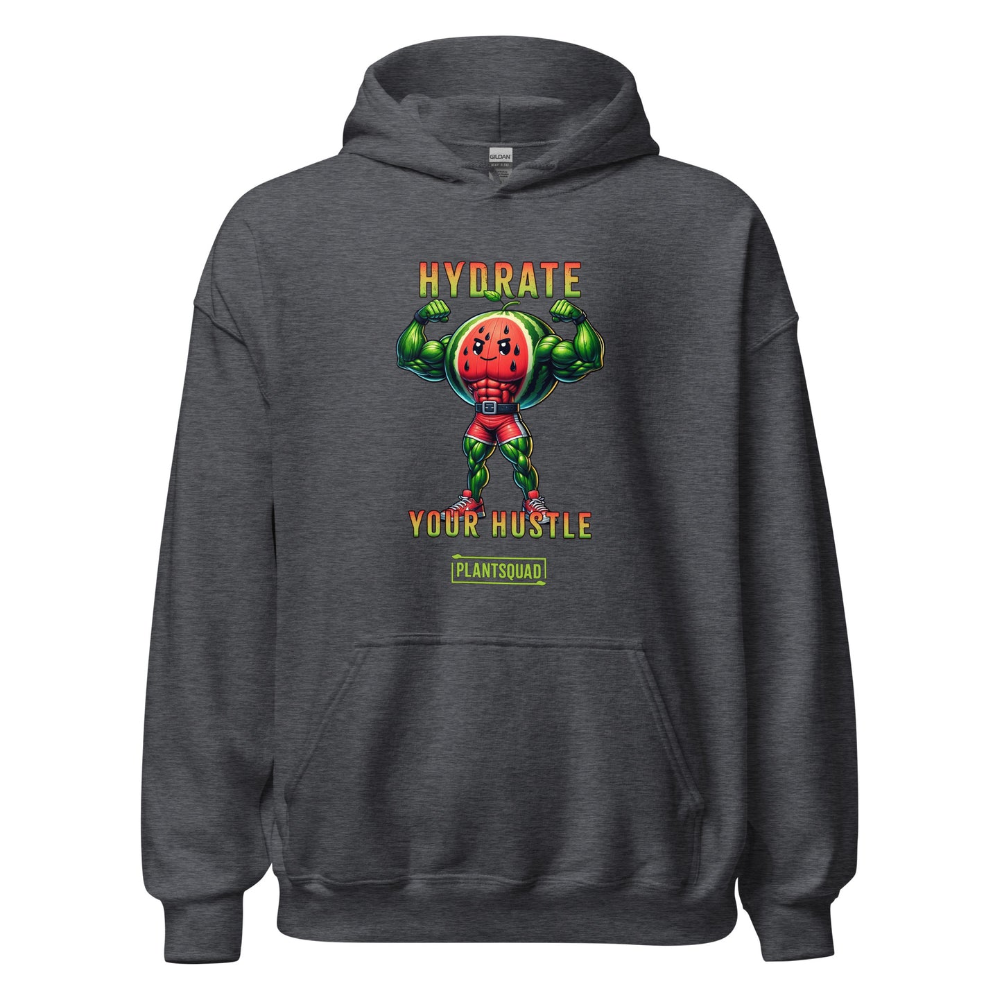 A black workout hoodie features an illustration of a muscular, anthropomorphic watermelon holding two water bottles. The text above and below the illustration reads, "Hydrate Your Hustle." Embrace your plant-based lifestyle with this stylish piece from Plantsquad Watermelon "Hydrate Your Hustle" - Unisex Hoodie.