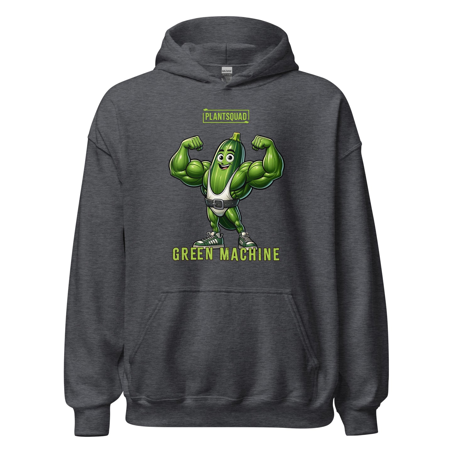 A black hoodie featuring a muscular cucumber character flexing its arms. Above the character, the text reads "PLANTSQUAD," and below it, "GREEN MACHINE" in lime-green, blocky font. This Plantsquad Zucchini "Green Machine" - Unisex Hoodie has a front pocket and a drawstring hood, perfect for those embracing a plant-based lifestyle.