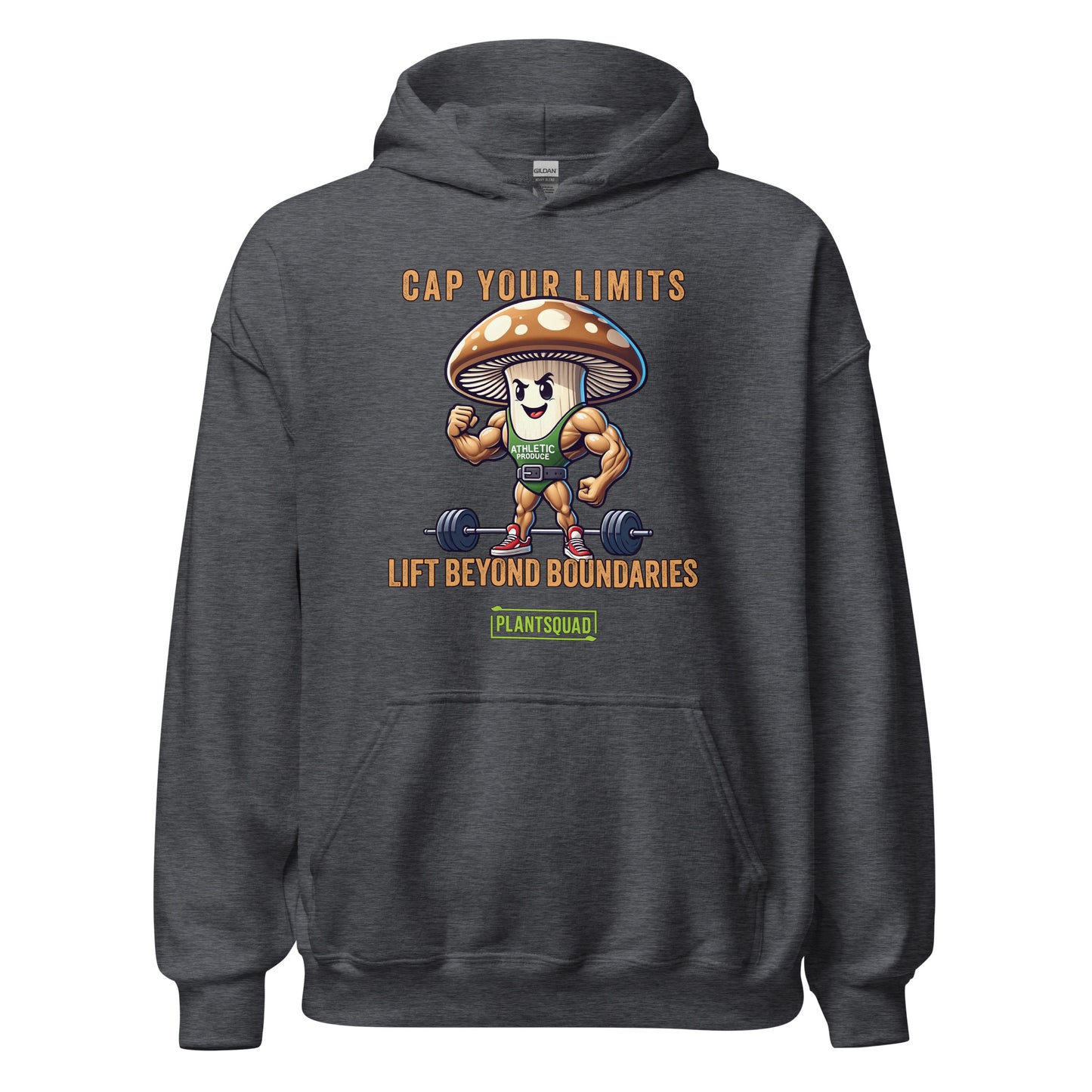 The Plantsquad Mushroom "Cap Your Limits Lift Beyond Boundaries" - Unisex Hoodie is a black weight lifting hoodie featuring a muscular cartoon mushroom character lifting weights. Text above reads "Cap Your Limits" and below reads "Lift Beyond Boundaries." Perfect for embracing plant-based fitness, it features a green logo with the text "PLANTSQUAD" beneath the mushroom.