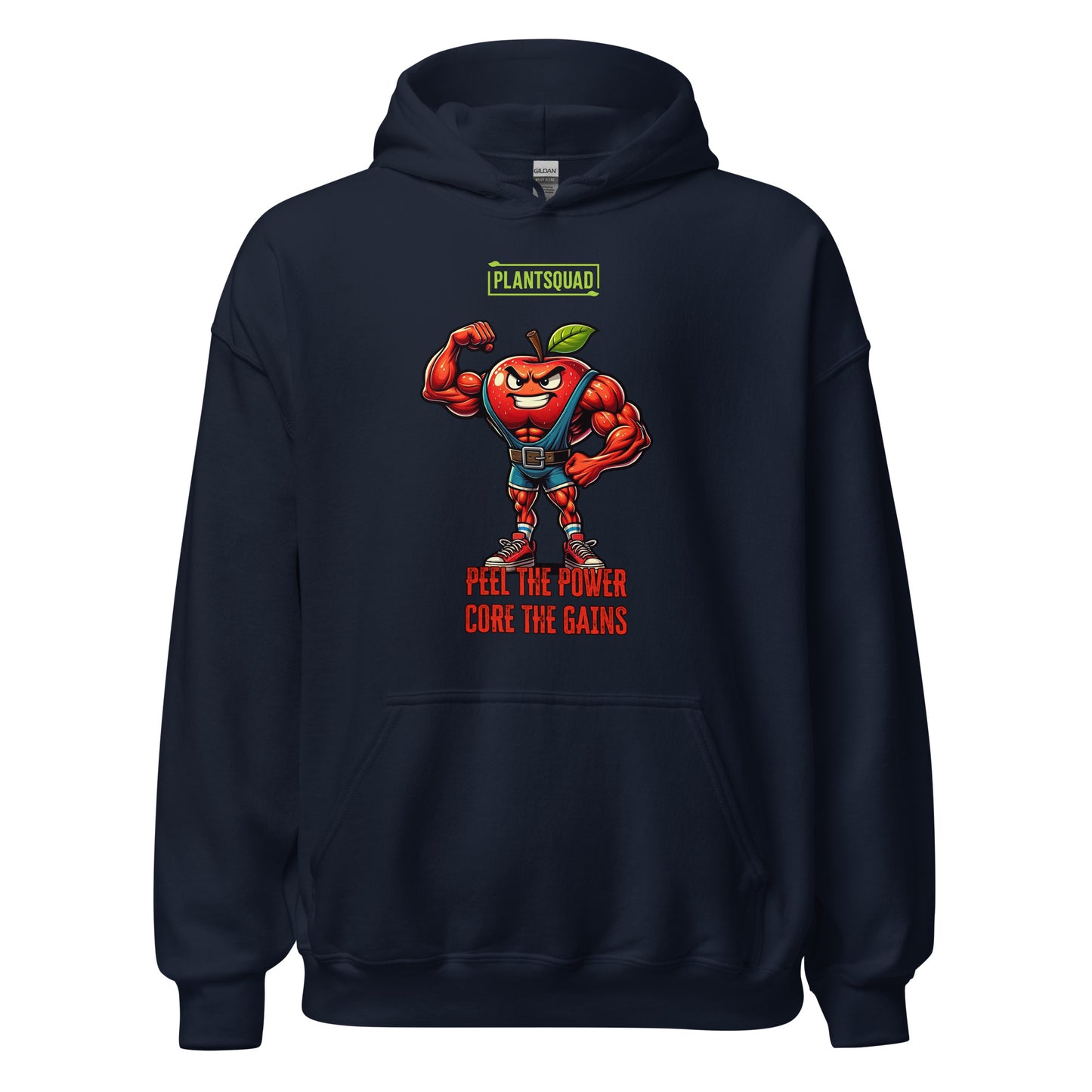 The Plantsquad Apple "Peel The Power Core The Gains" - Unisex Hoodie features a black vegan design with a muscular, anthropomorphic apple character in a fitness pose. The red apple, with a determined expression, is wearing a weightlifting belt. Above, it says 'PLANTSQUAD,' and below, 'PEEL THE POWER, CORE THE GAINS' in bold red text. Perfect for embracing your plant-based lifestyle.