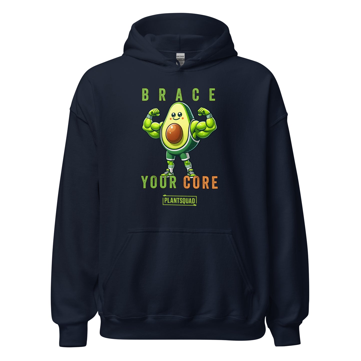 Plantsquad Avocado "Brace Your Core" - Unisex Hoodie featuring a muscular avocado cartoon flexing its arms. Text above the avocado reads "Brace," and below it says "Your Core" in green and orange letters. The bottom text reads "PLANT SQUAD" in a green box. Embrace the vegan lifestyle with this cozy fabric, perfect for weight lifting and more.