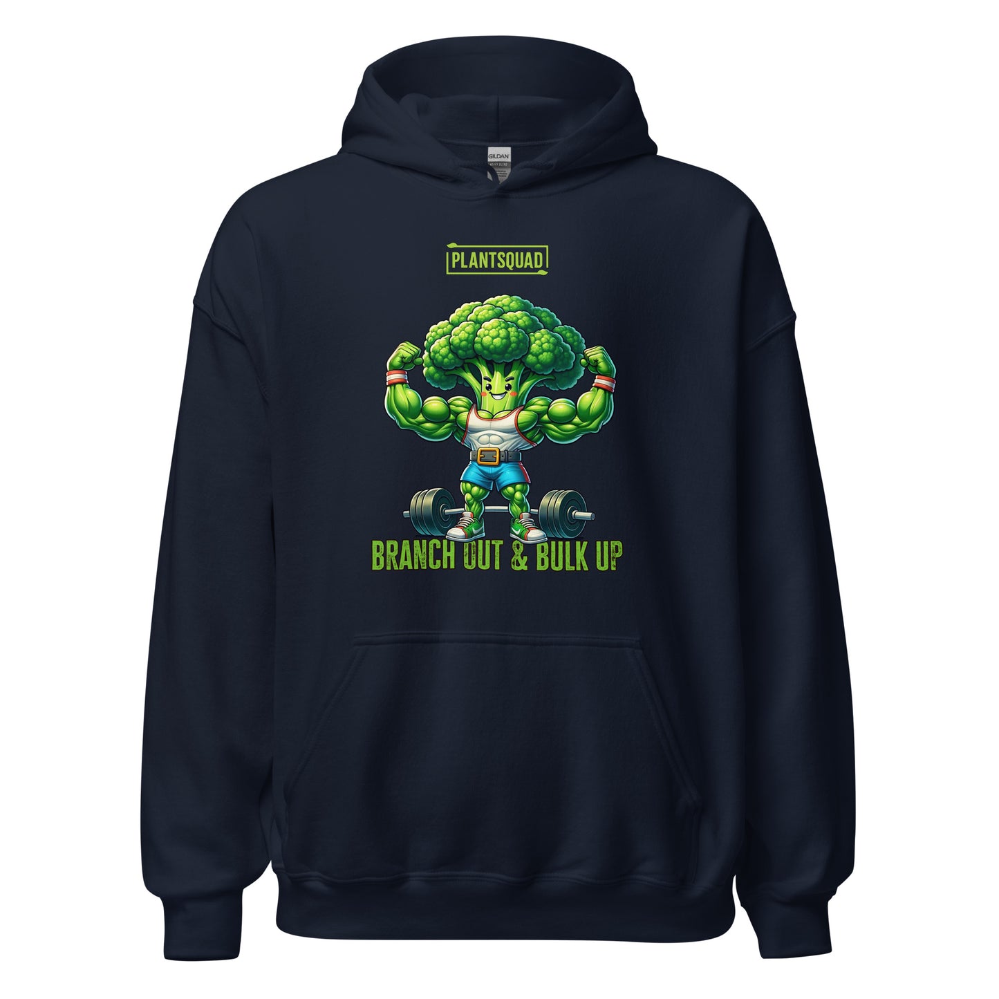 A Plantsquad Broccoli "Branch Out & Bulk Up" - Unisex Hoodie made from cozy fabric features an illustration of a muscular, anthropomorphic broccoli lifting dumbbells. The text above reads "PLANTSQUAD" and below reads "BRANCH OUT & BULK UP!" Perfect for those embracing a vegan lifestyle, the hoodie has a front pocket and a drawstring hood.