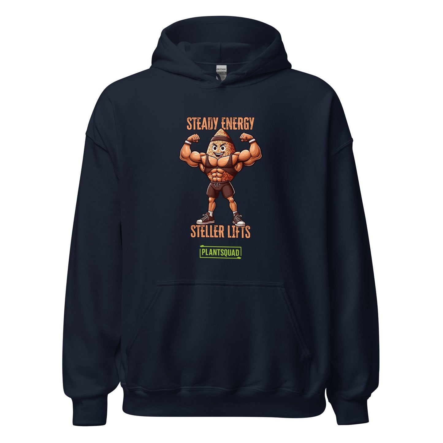 A Plantsquad Brown Rice "Steady Energy Steller Lifts" - Unisex Hoodie featuring a muscular cartoon peanut flexing its arms. Above the peanut, the text reads "STEADY ENERGY," and below it, "STELLER [sic] LIFTS." Made from cozy fabric, it embraces the vegan lifestyle with a green rectangular logo at the bottom that says "PLANTSQUAD.