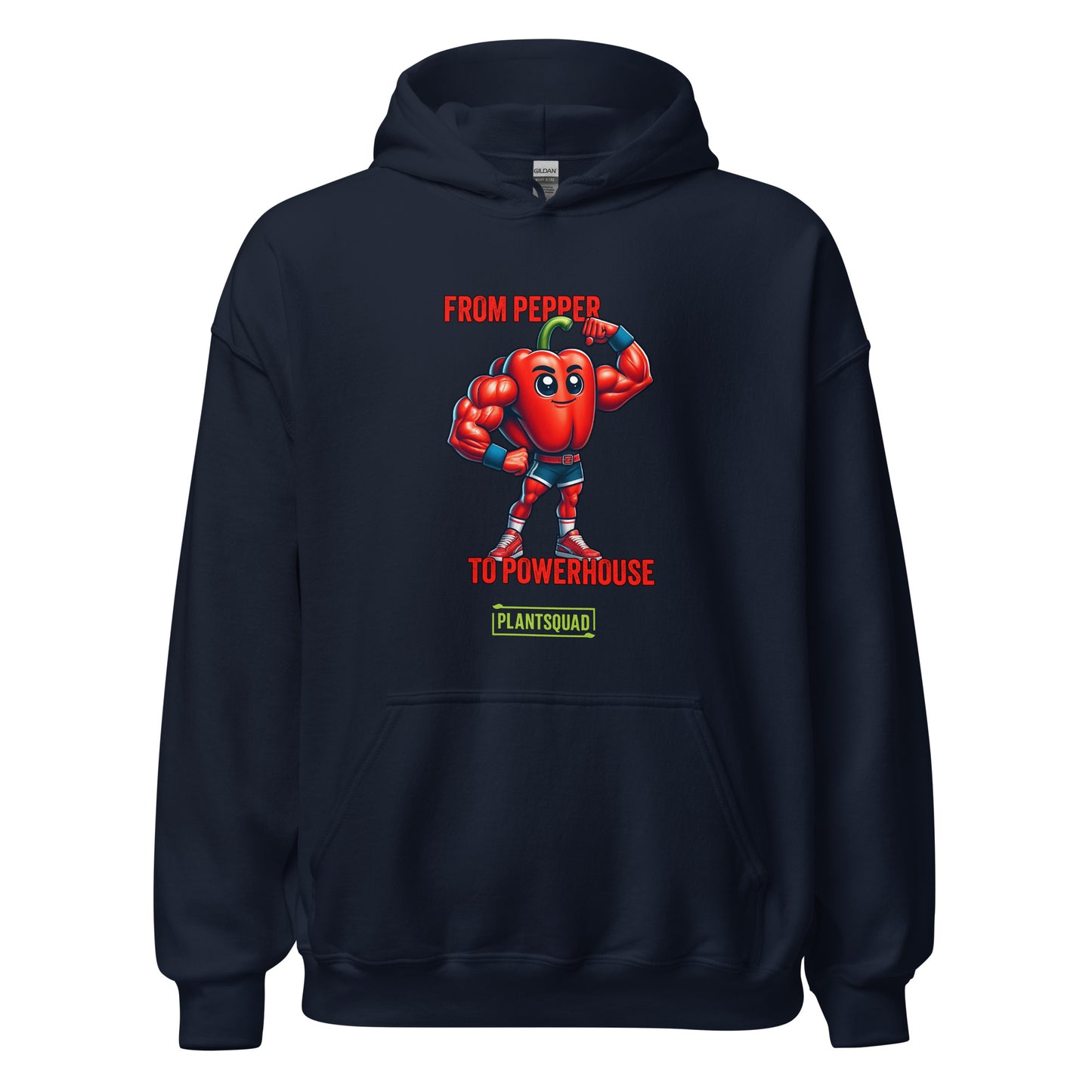 Plantsquad Capsicum "From Pepper To Powerhouse" - Unisex Hoodie featuring a cartoon image of a muscular red pepper wearing boxing gloves and shorts. The text above the character reads "FROM PEPPER TO POWERHOUSE" and below it, "PLANTSQUAD" is written on a green banner, celebrating the vegan lifestyle and plant-based power in weight lifting.