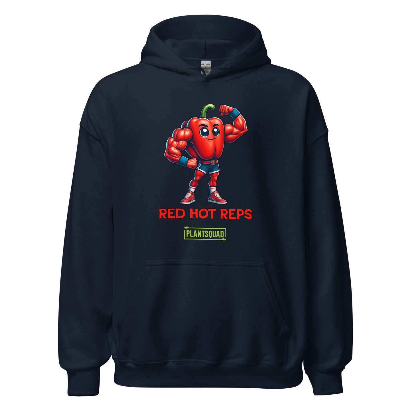 The Plantsquad Capsicum "Red Hot Reps" - Unisex Hoodie features a cartoon muscular red bell pepper character flexing its arms. The text "RED HOT REPS" is printed in red below the character, with "PLANTSQUAD" in green beneath it. Perfect workout clothing, the hoodie has a front pocket and drawstrings at the neck.