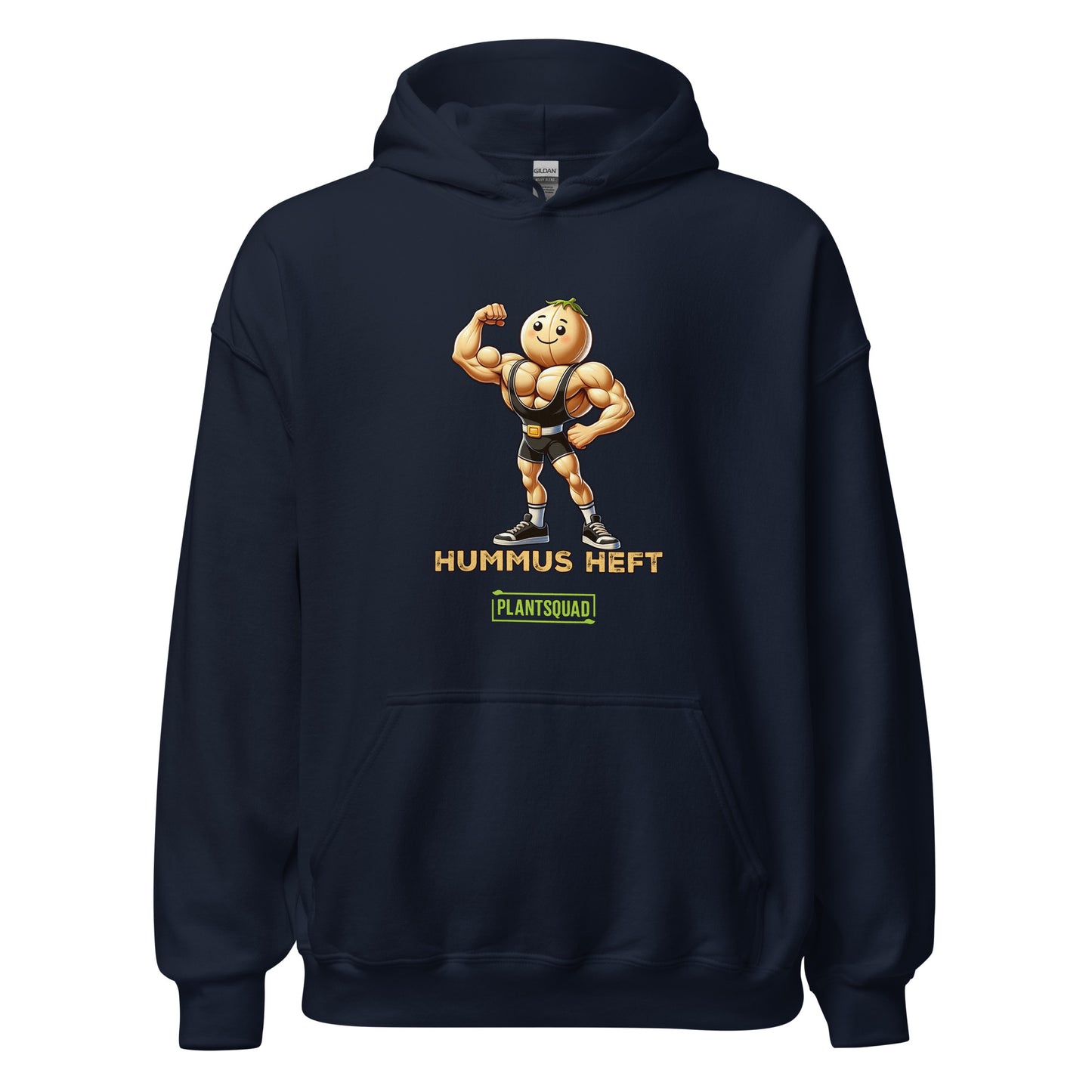 The Plantsquad Chickpea "Hummus Heft" - Unisex Hoodie features a black hooded sweatshirt with a cartoon hummus mascot flexing its biceps, embodying the weight-lifting chickpea spirit. The text "Hummus Heft" is printed below the character, with "PLANTSQUAD" in a green box underneath, perfect for showcasing your vegan lifestyle.