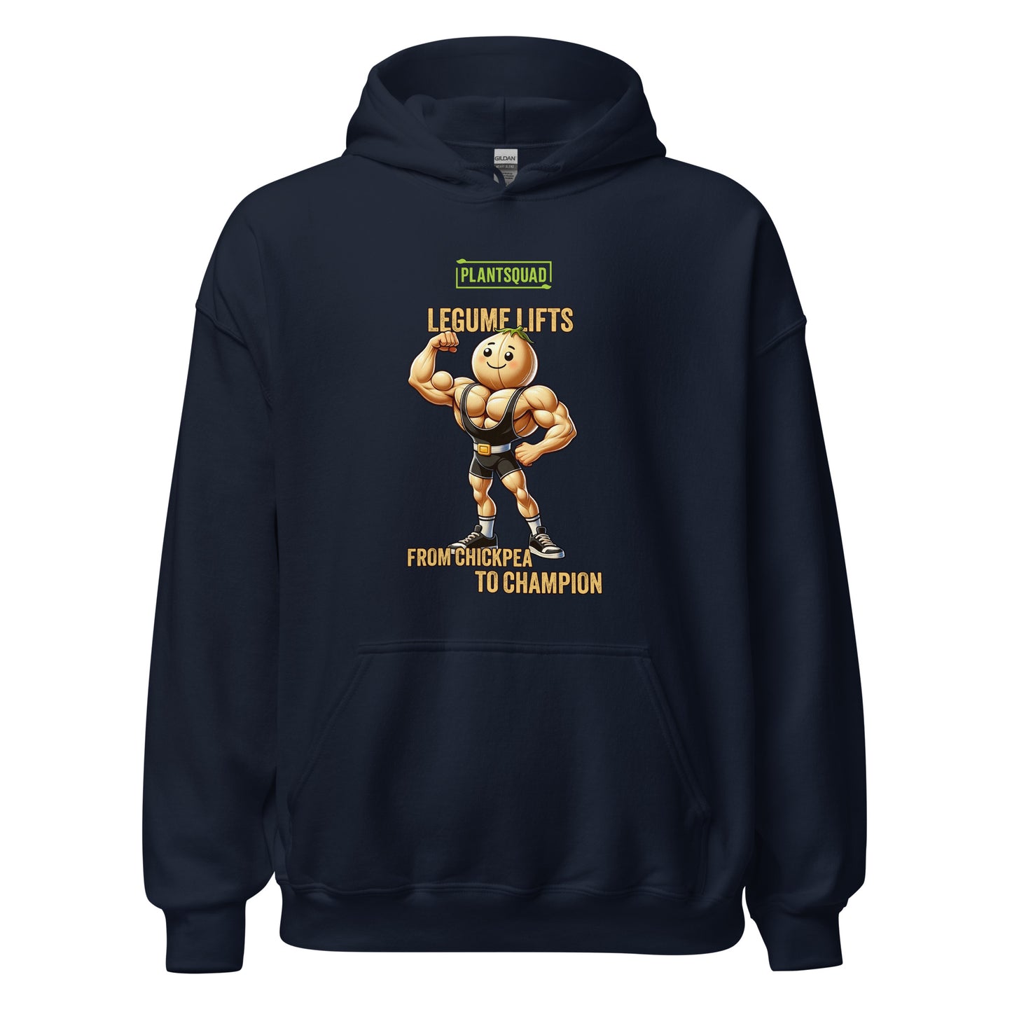 A black Plantsquad Chickpea "Legume Lifts" - Unisex Hoodie features a muscular chickpea cartoon character lifting a dumbbell. Above the character, text reads "Plantsquad" and "Legume Lifts." Below, it says "From Chickpea to Champion." The design is centered on the chest area of the hoodie, perfect for showing off your vegan lifestyle.