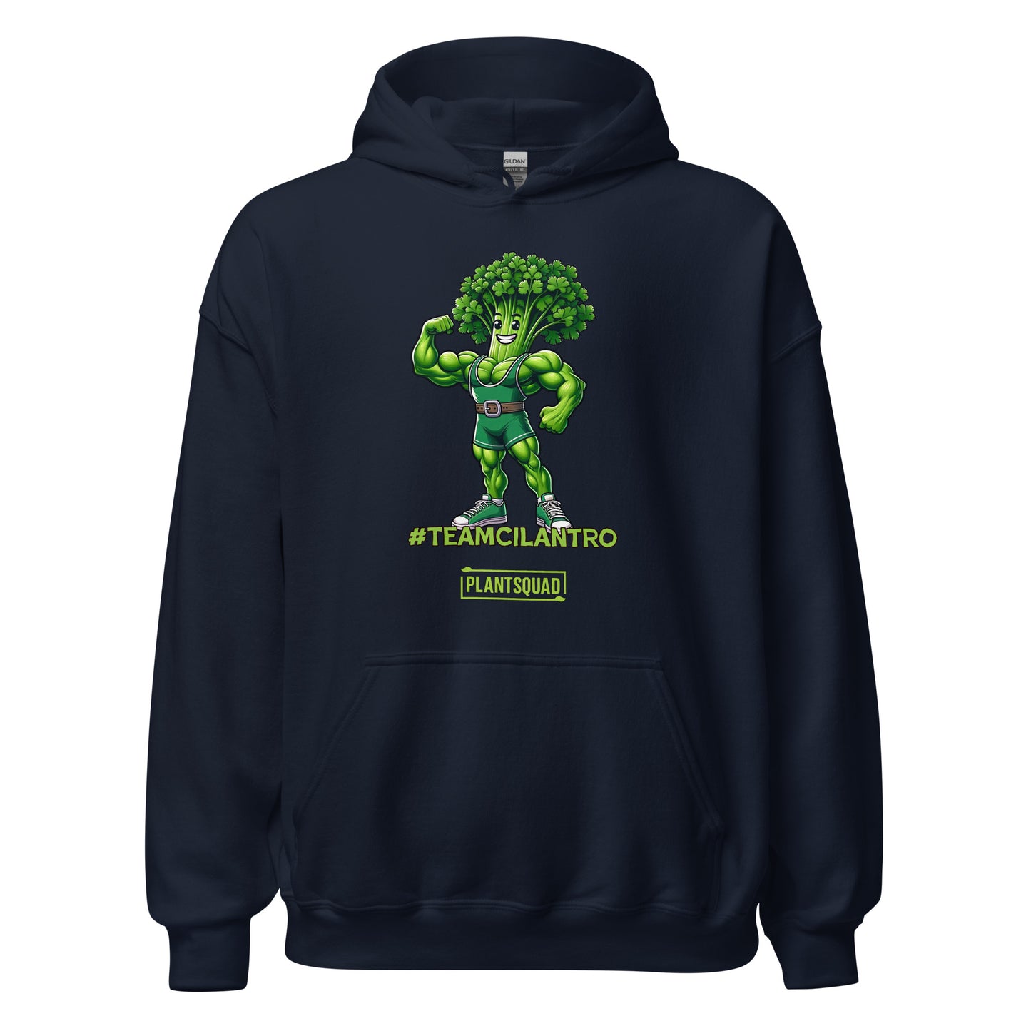 The Plantsquad Cilantro "Team Cilantro" - Unisex Hoodie features a cartoon of a muscular, flexing cilantro superhero, perfect for those embracing a vegan lifestyle. The character has a leafy head, an eye mask, and a belt. Below the character, the text reads "#TEAMCILANTRO" and "PLANTSQUAD.