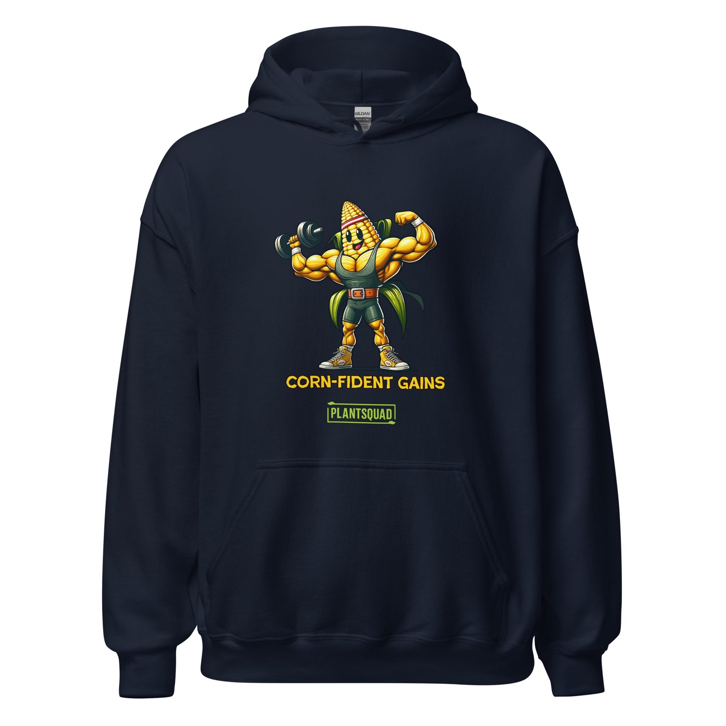 Black hoodie featuring a muscular anthropomorphic corn cob character flexing its biceps. The text beneath the character reads "CORN-fident Gains" with "PLANTSQUAD" in a green box below. Perfect for gym enthusiasts who embrace a plant-based lifestyle, this Plantsquad Corn "Corn-fident Gains" - Unisex Hoodie exudes confidence with every wear.