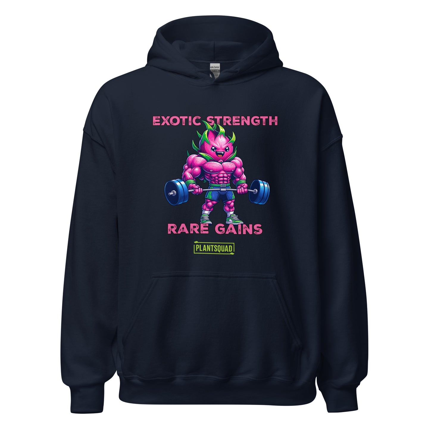 Plantsquad Dragonfruit "Exotic Strength Rare Gains" - Unisex Hoodie featuring a muscular, pink cartoon character with green hair lifting dumbbells. The text above and below the character reads "EXOTIC STRENGTH" and "RARE GAINS" in pink, with "PLANTSQUAD" in green and yellow at the bottom. Perfect for embracing a vegan lifestyle!