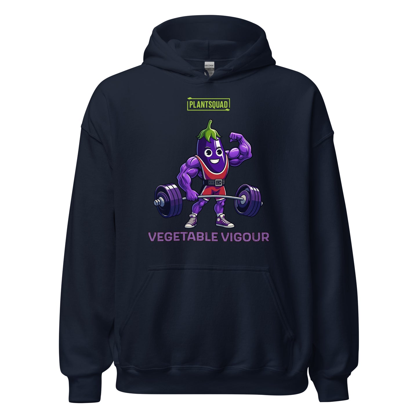 The Plantsquad Eggplant "Vegetable Vigour" - Unisex Hoodie features an illustration of a muscular cartoon vegetable lifting weights. The character is smiling and flexing one arm. The text above reads "PLANT SQUAD," and below, it says "VEGETABLE VIGOUR." Perfect for embracing the vegan lifestyle with its fun, weight-lifting theme.