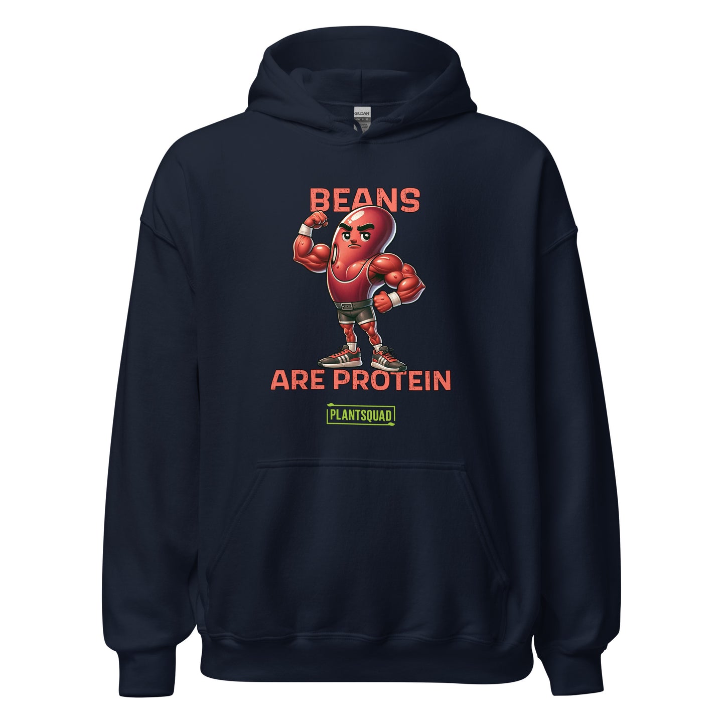 A black hoodie featuring a graphic of a muscular, anthropomorphic bean character in boxing gear, with the text "Beans Are Protein" in bold red letters above and below the image. Embrace your vegan lifestyle with this Plantsquad Kidney Bean "Beans Are Protein" - Unisex Hoodie. Below the text is a small green rectangle with the word "PLANTSQUAD.