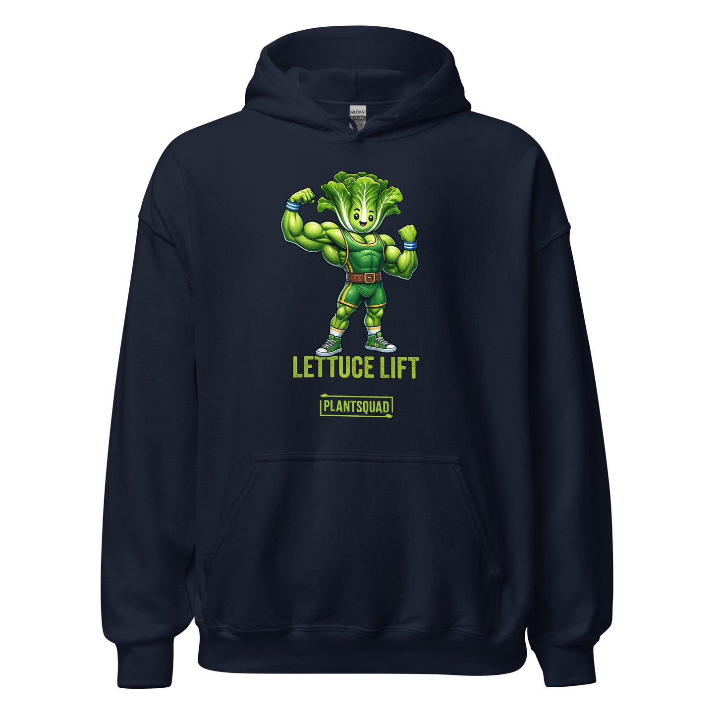 The Plantsquad Lettuce "Lettuce Lift" - Unisex Hoodie features a cartoon muscular head of lettuce with a determined expression, flexing its arms. Below it, the text reads "LETTUCE LIFT" in bold yellow-green letters and "PLANTSQUAD" in a smaller green banner - perfect for embracing your vegan lifestyle and weight lifting passion.