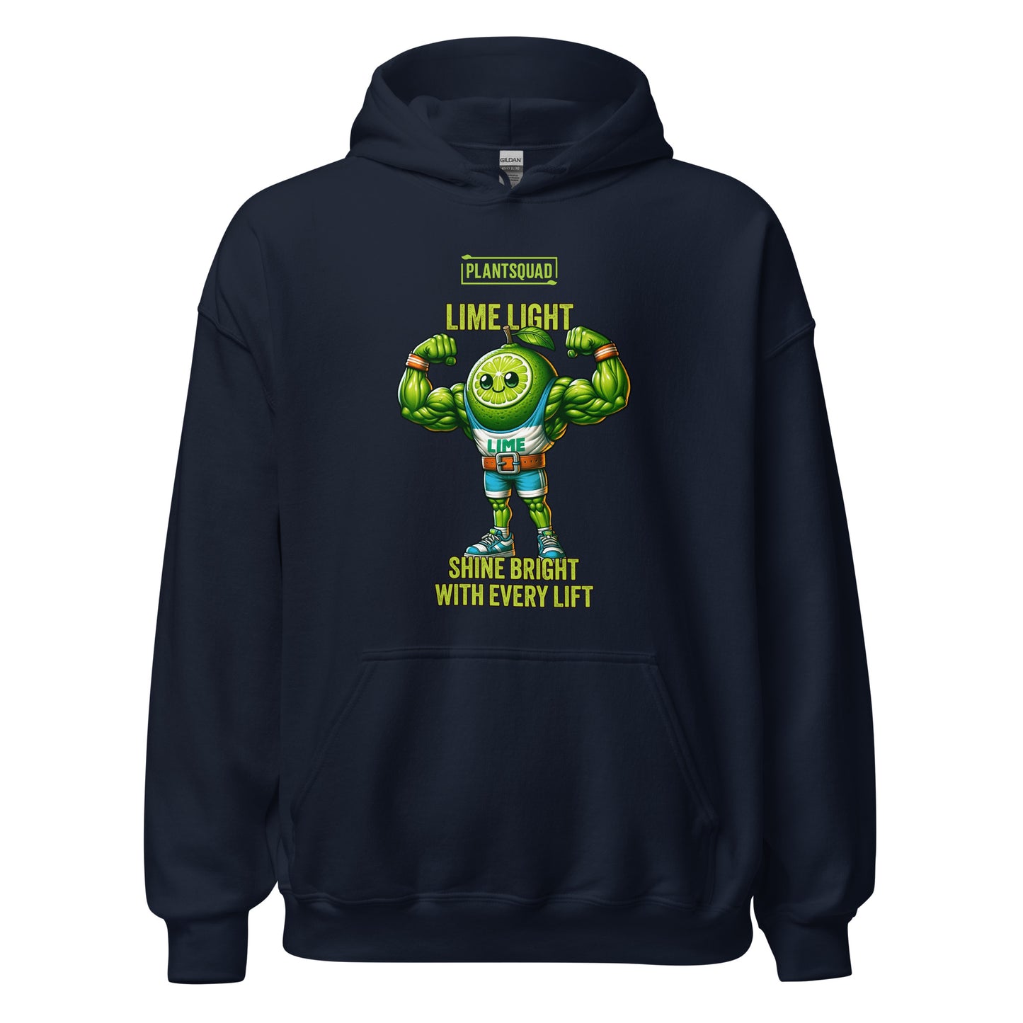The Plantsquad Lime "Lime Light Shine Bright With Every Lift" - Unisex Hoodie features a muscular, smiling lime character flexing its biceps. The text above reads "PLANTSQUAD" and "LIME LIGHT," while below it says "SHINE BRIGHT WITH EVERY LIFT." Perfect for those embracing a plant-based lifestyle, the bright green lime stands out against the dark background.