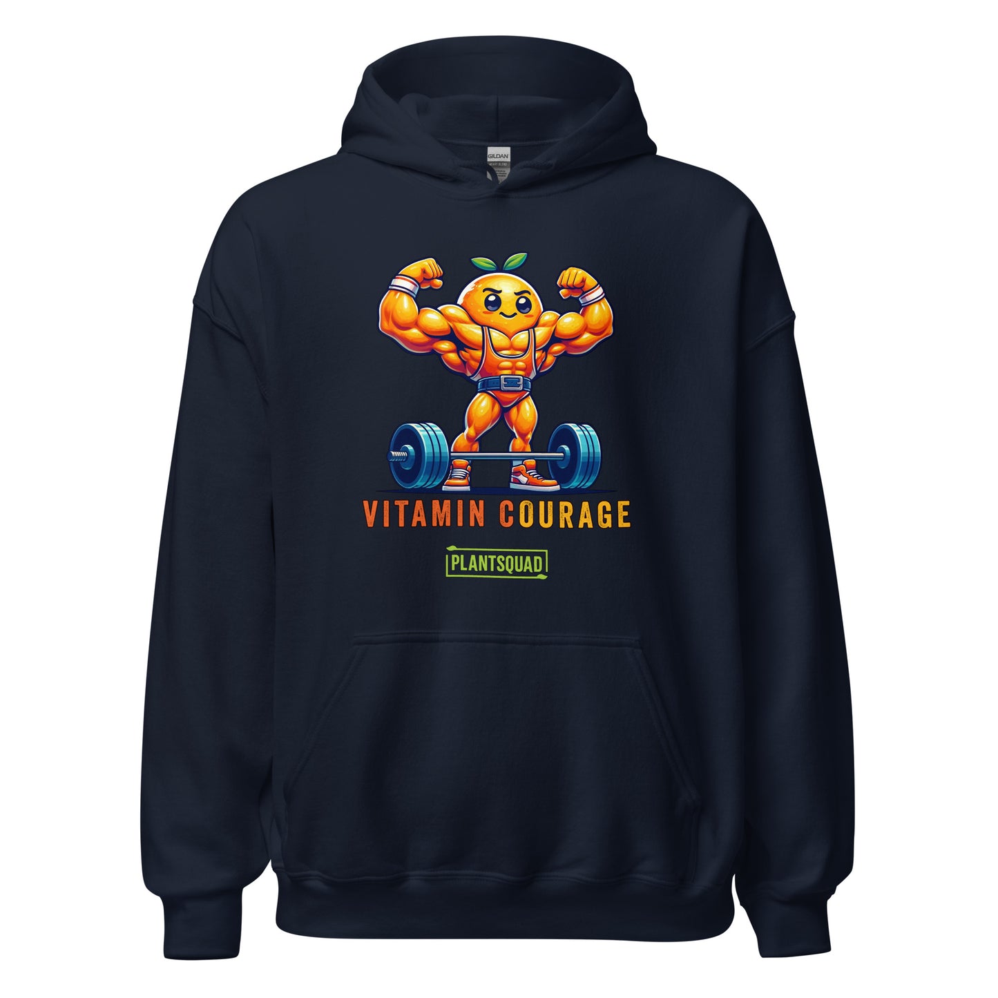 A Plantsquad Orange "Vitamin Courage" - Unisex Hoodie featuring a muscular, anthropomorphic orange lifting a barbell. The text "VITAMIN COURAGE" is written below the graphic, with "PLANTSQUAD" in a green rectangle underneath. Perfect for those embracing a vegan lifestyle.