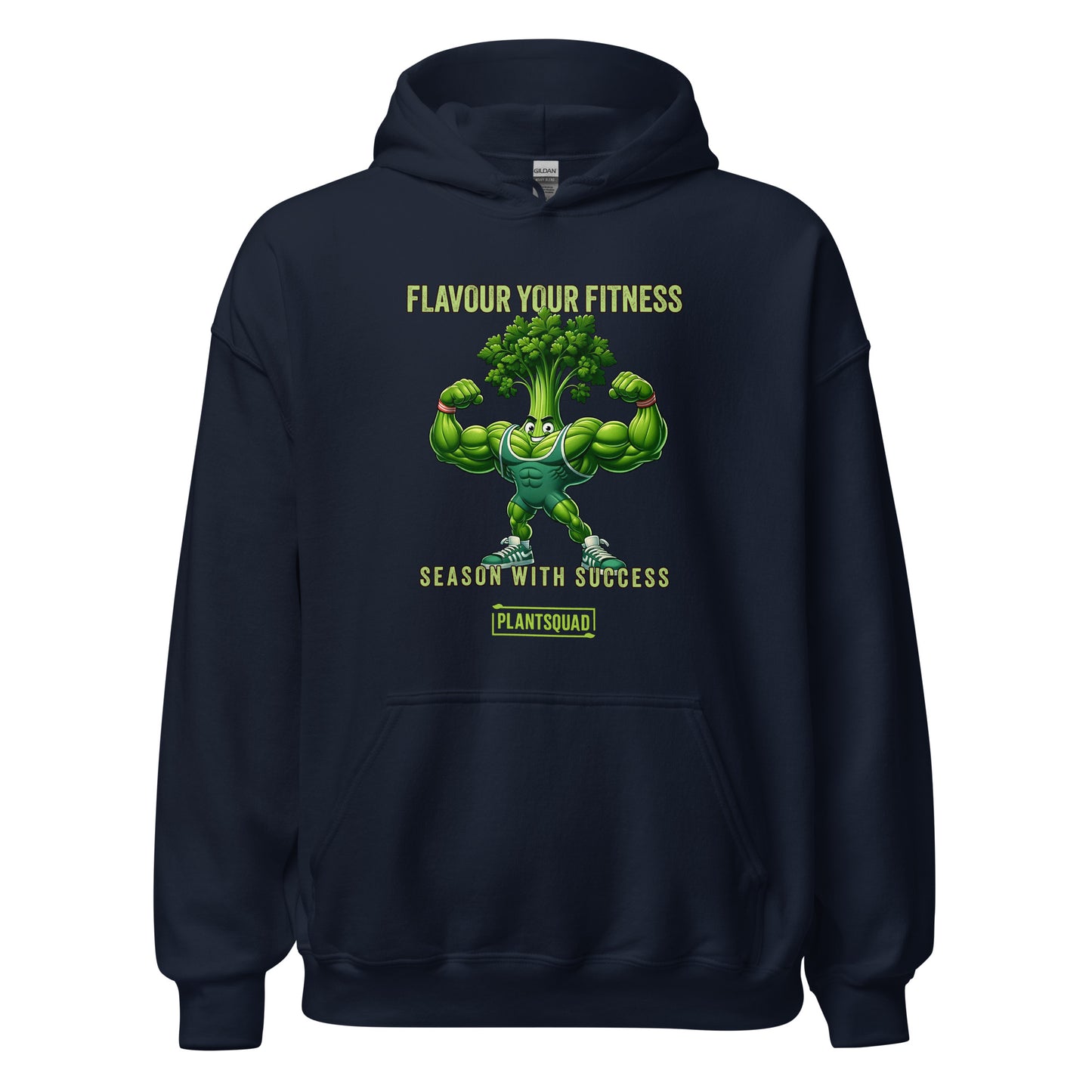 A black vegan hoodie featuring a muscular, anthropomorphic broccoli character flexing its arms. Above the character, the text reads "Flavour Your Fitness," and below it says "Season With Success." The "PLANTSQUAD" logo is displayed at the bottom, perfect for plant-based fitness enthusiasts. This is the Plantsquad Parsley "Flavour Your Fitness Season With Success" - Unisex Hoodie.