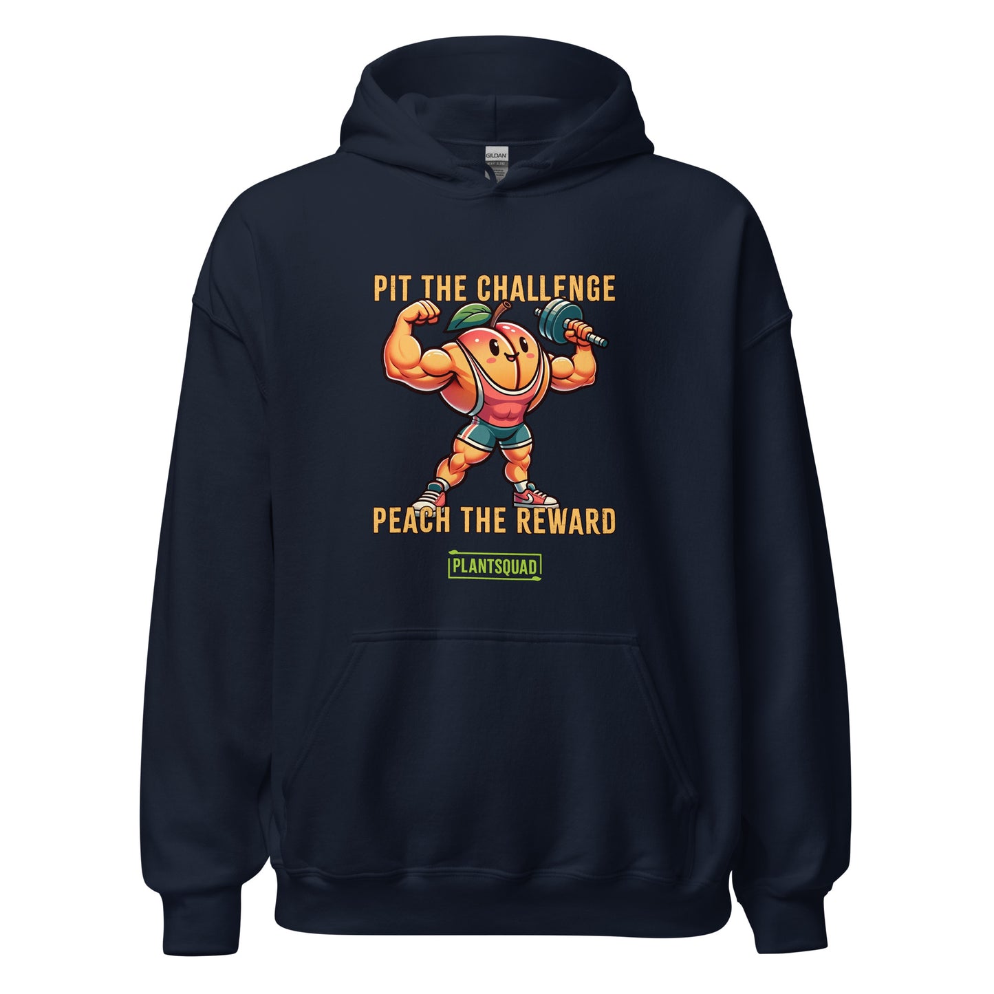 A Plantsquad Peach "Pit The Challenge Peach The Rewards" - Unisex Hoodie featuring a cartoon muscular peach lifting weights with green leaves as arms. Crafted from cozy fabric, the text above the peach reads "Pit the Challenge" and below it "Peach the Reward." Perfect for promoting a vegan lifestyle, the brand name "Plant Squad" appears at the bottom.