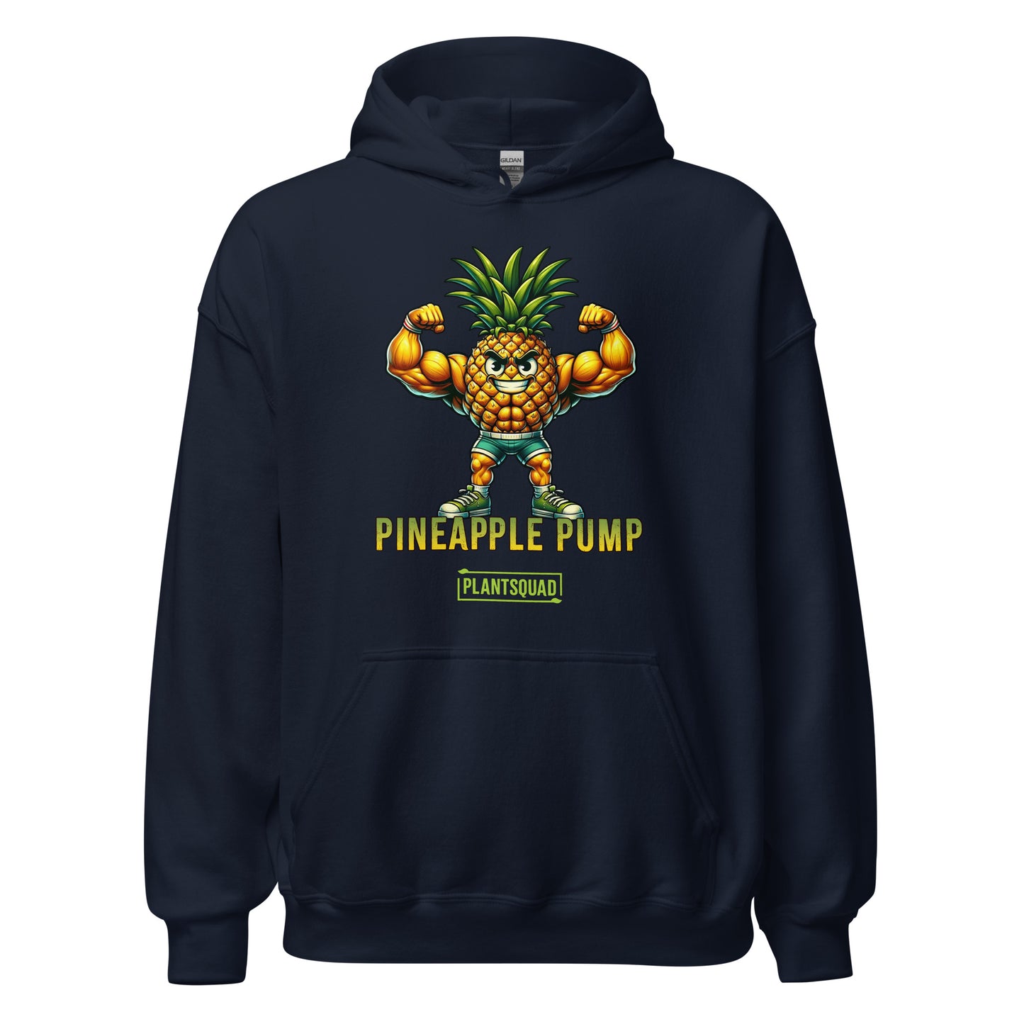 A black hooded sweatshirt features a muscular, anthropomorphic pineapple flexing its arms. Below the pineapple, the text reads "Pineapple Pump" with the brand name "PlantSquad" underneath. Perfect for gym enthusiasts embracing a vegan lifestyle, this Plantsquad Pineapple "Pineapple Pump" - Unisex Hoodie is both stylish and motivating.