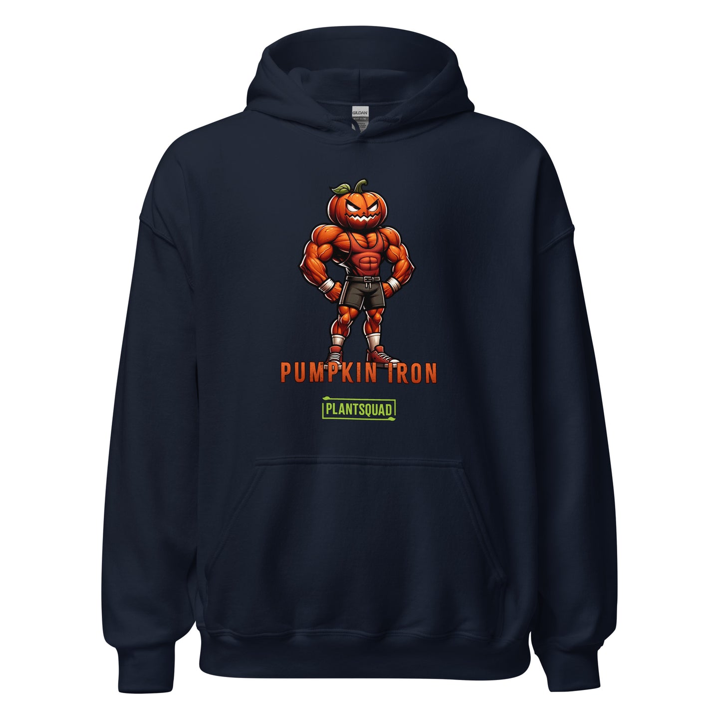 The Plantsquad Pumpkin "Pumpkin Iron" - Unisex Hoodie showcases a muscular pumpkin design, with a cartoon character flexing its muscles under the text "PUMPKIN IRON" in vibrant orange. Below, a green bar labeled "PLANTSQUAD" represents the vegan lifestyle, creating the perfect blend of fitness and plant-based living.