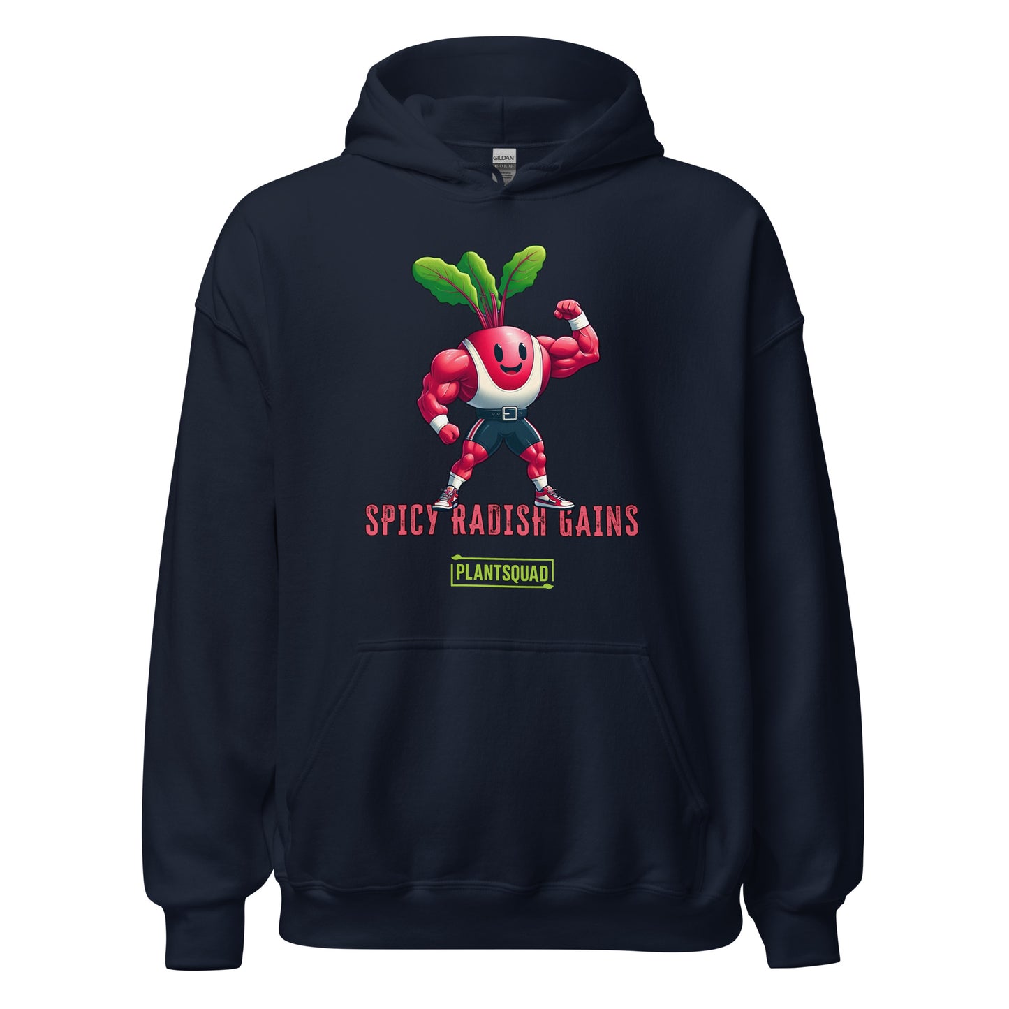 A Plantsquad Radish "Spicy Radish Gains" - Unisex Hoodie made of cozy fabric displays a cartoon radish character with muscular arms, flexing one arm. The radish has a smiling face and green leaves on top. Below it, the text reads "SPICY RADISH GAINS" in bold red letters, with a green banner reading "PLANTSQUAD" underneath—a perfect fit for the vegan lifestyle and weight lifting enthusiasts.