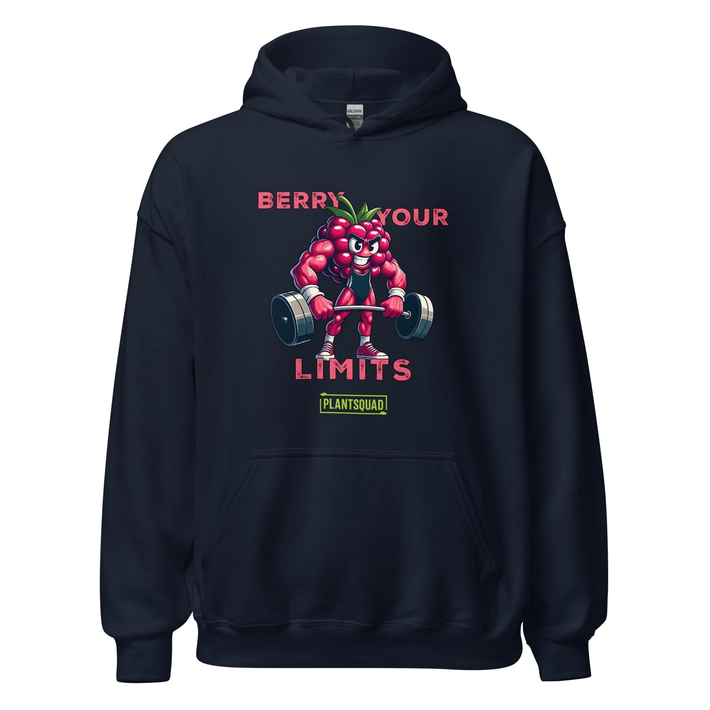 A black hoodie with a printed cartoon image of a muscular strawberry character lifting dumbbells. The text above reads "Berry Your Limits," perfect for those embracing a vegan gym wear style, and "Plantsquad" is written below the character. Introducing the Plantsquad Raspberry "Berry Your Limits" - Unisex Hoodie.