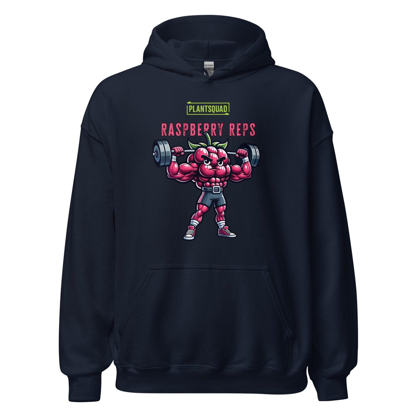 A black weight-lifting Plantsquad Raspberry "Raspberry Reps" - Unisex Hoodie featuring a muscular, animated raspberry character lifting a barbell. The text above the character reads "PLANTSQUAD" and below it says "Raspberry Reps." Perfect for gym enthusiasts embracing a plant-based vegan lifestyle, the design is colorful and playful, emphasizing fitness with a fun, fruity twist.