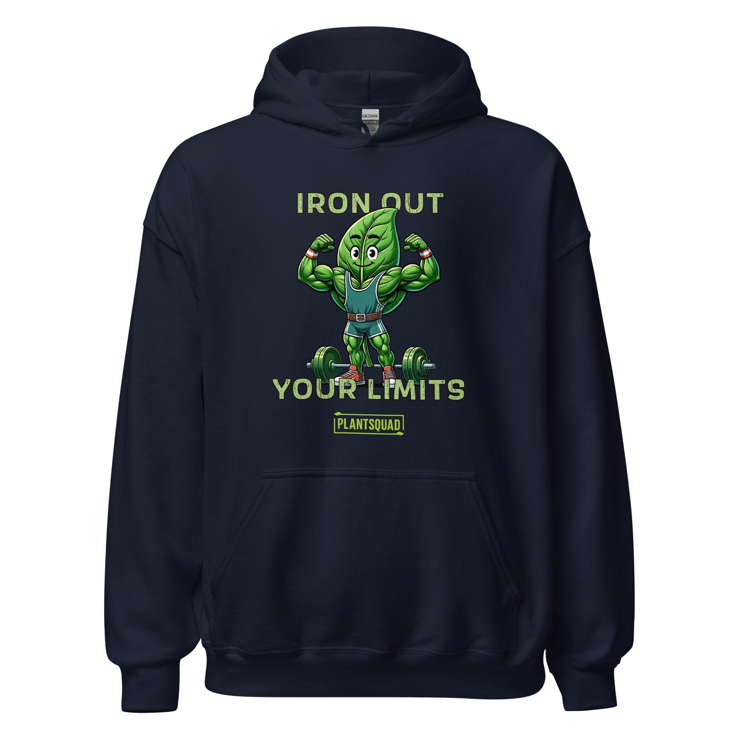 A **Plantsquad Spinach "Iron Out Your Limits" - Unisex Hoodie** features a cartoon illustration of a muscular leaf character lifting a barbell. The text above and below the character reads, "IRON OUT YOUR LIMITS," with "PLANTSQUAD" on a banner beneath, celebrating the vegan lifestyle.