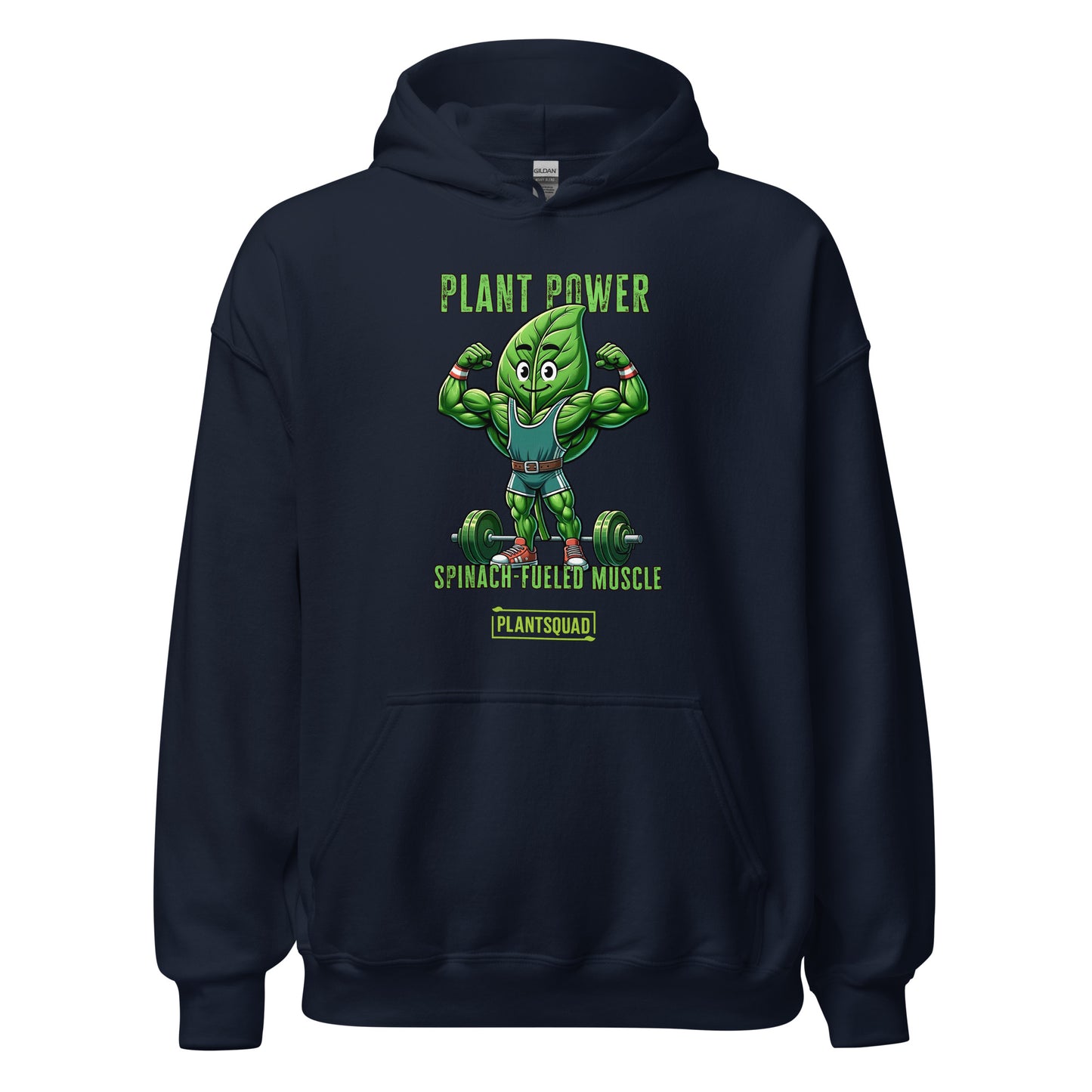 The Plantsquad Spinach "Plant Power Spinach Fueled Muscle" - Unisex Hoodie features a muscular cartoon spinach leaf character lifting weights with the text "PLANT POWER" above and "SPINACH FUELED MUSCLE" below. Perfect for gym enthusiasts embracing a vegan lifestyle, there’s a small "PLANTSQUAD" label at the bottom.