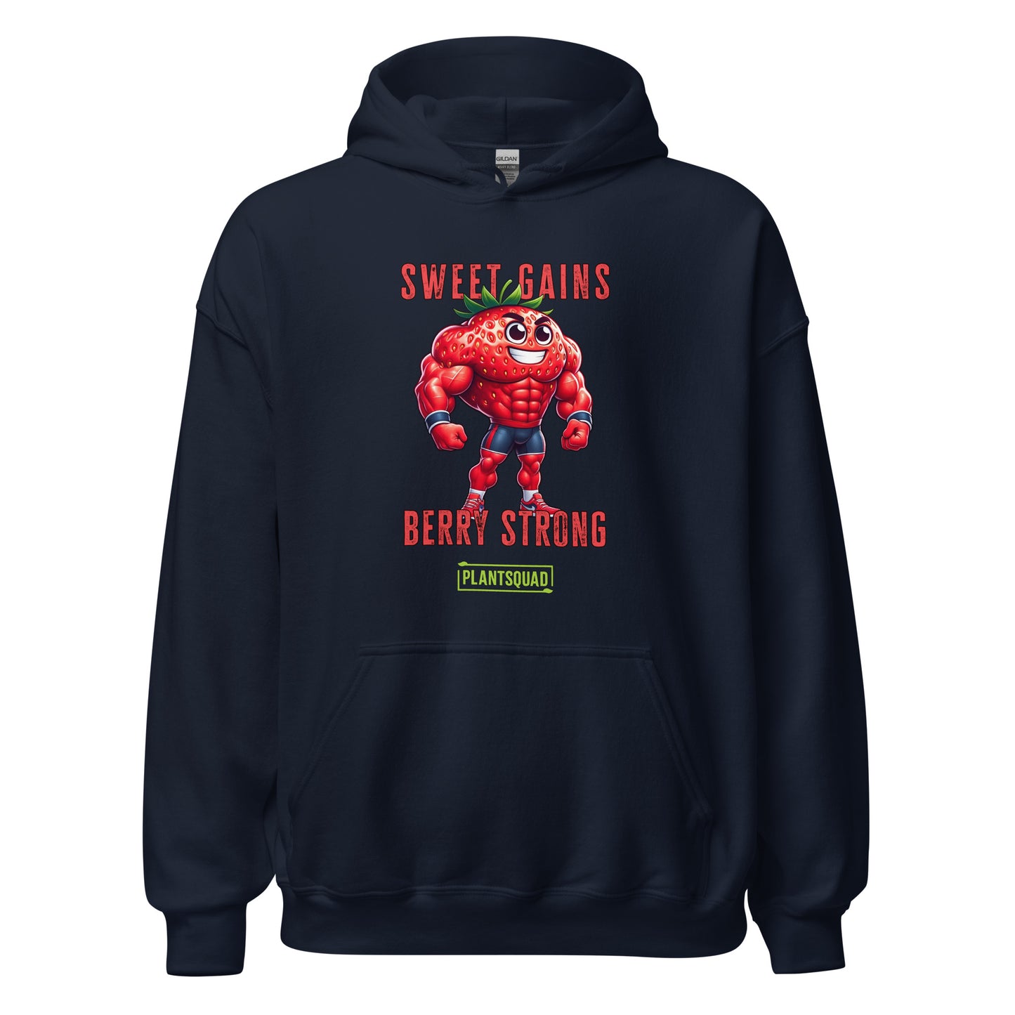 A black Plantsquad Strawberry "Sweet Gains Berry Strong" - Unisex Hoodie featuring a muscular, anthropomorphic strawberry character at the center, perfect for embracing a vegan lifestyle. Text above the strawberry reads "Sweet Gains" and below it reads "Berry Strong" with a small "PlantSquad" logo underneath. Made from cozy fabric, ideal for post-weight lifting comfort.