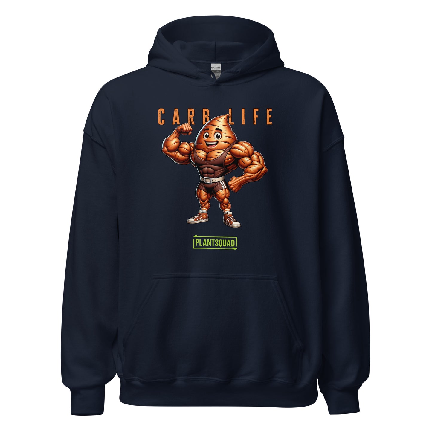 A Plantsquad Sweet Potato "Carb Life" - Unisex Hoodie featuring a cartoon image of a muscular vegetable with a smiling face. Above the image is the text "CARB LIFE" in orange letters, and below it is a green and white logo that reads "PLANTSQUAD." Made from cozy fabric, it's perfect for those embracing a vegan lifestyle.