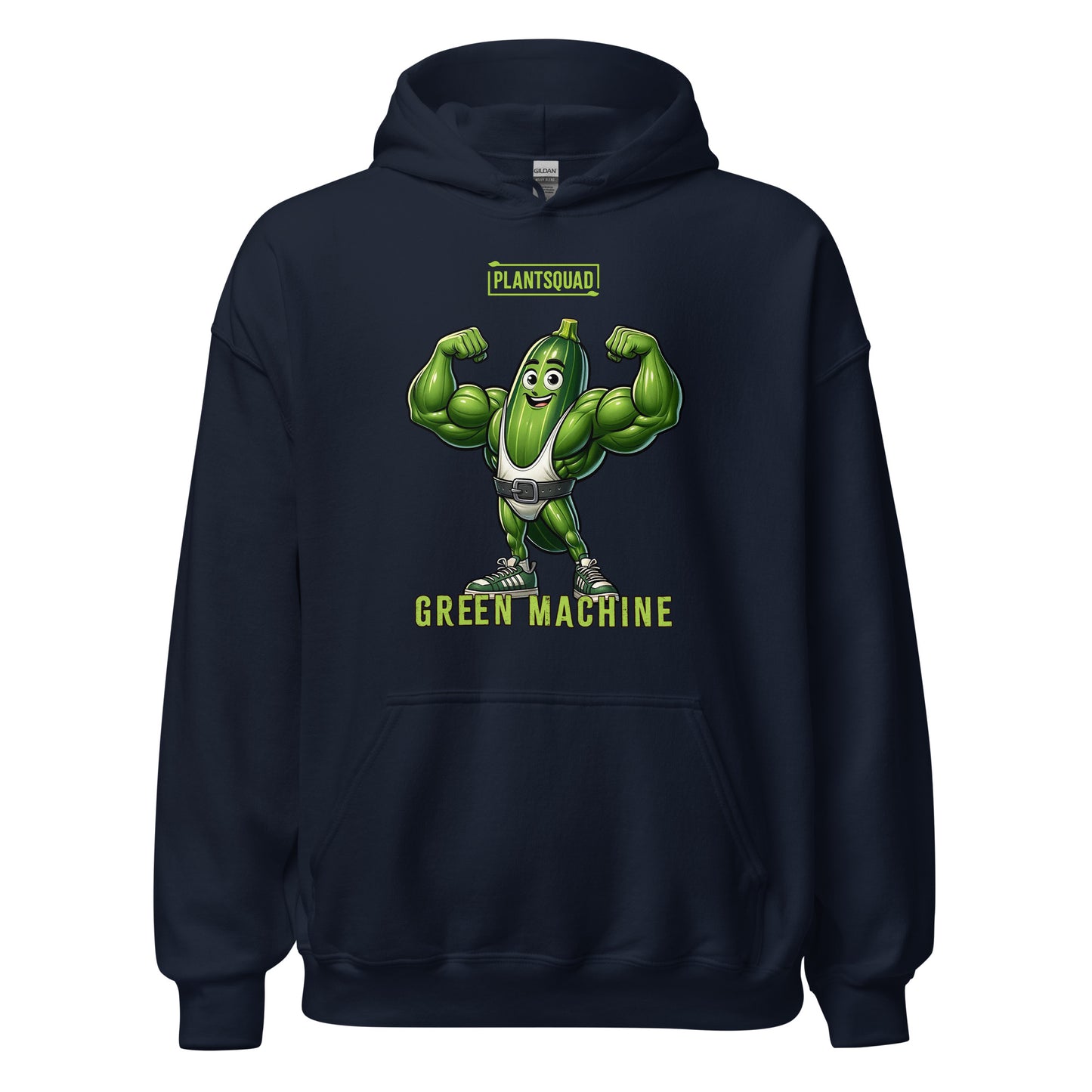 A black hoodie featuring a muscular cucumber character flexing its arms. Above the character, the text reads "PLANTSQUAD," and below it, "GREEN MACHINE" in lime-green, blocky font. This Plantsquad Zucchini "Green Machine" - Unisex Hoodie has a front pocket and a drawstring hood, perfect for those embracing a plant-based lifestyle.