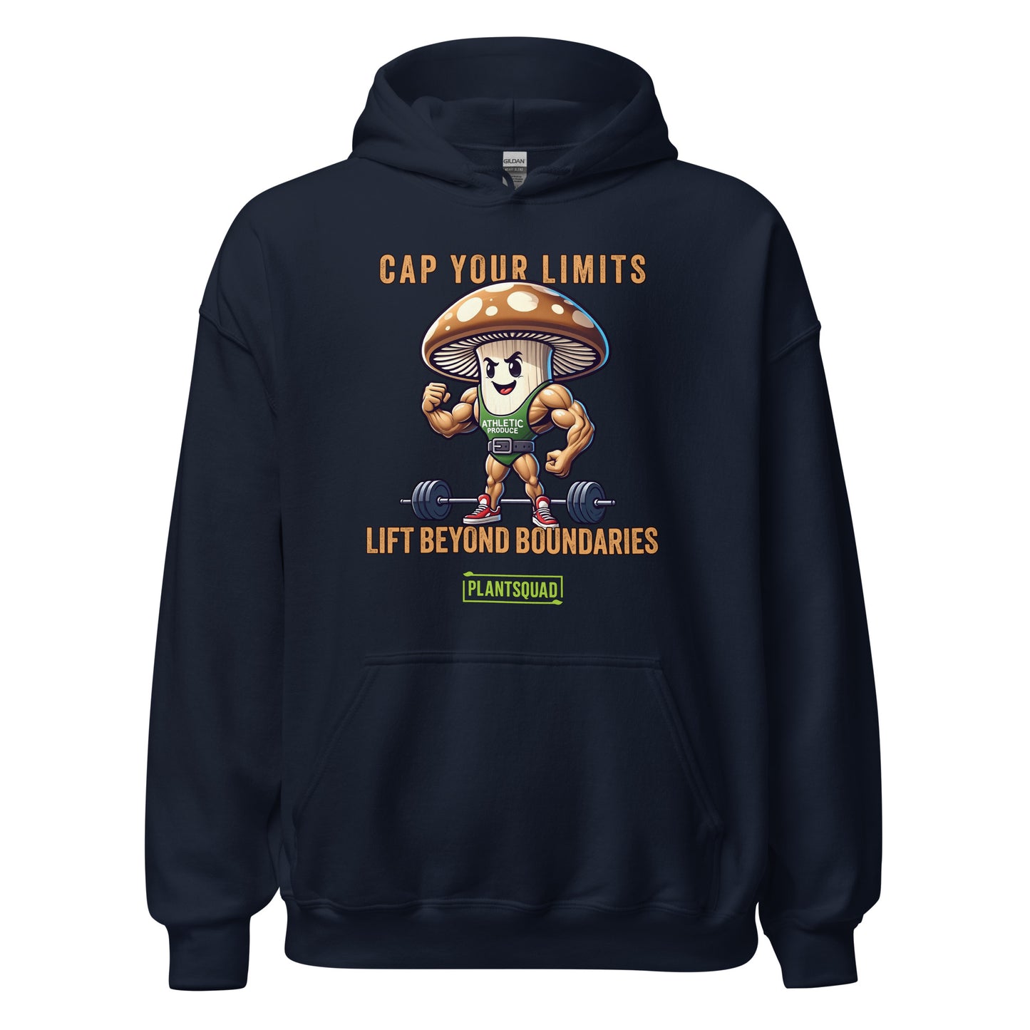 The Plantsquad Mushroom "Cap Your Limits Lift Beyond Boundaries" - Unisex Hoodie is a black weight lifting hoodie featuring a muscular cartoon mushroom character lifting weights. Text above reads "Cap Your Limits" and below reads "Lift Beyond Boundaries." Perfect for embracing plant-based fitness, it features a green logo with the text "PLANTSQUAD" beneath the mushroom.