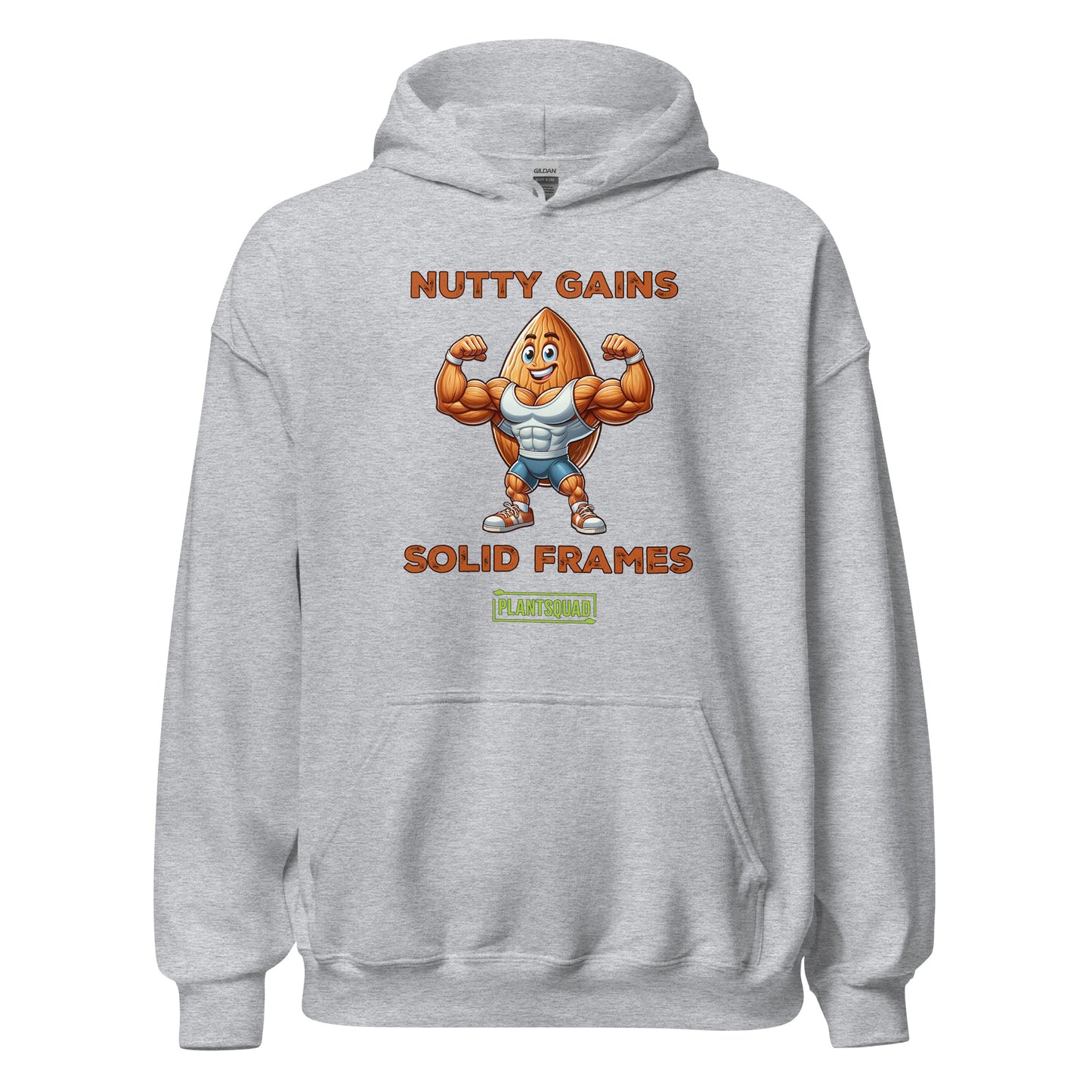 A black Plantsquad Almond "Nutty Gains Solid Frames" - Unisex Hoodie displays a muscular peanut character flexing its biceps with the text "Nutty Gains" above and "Solid Frames" below. The logo "Plant Squad" is at the bottom, perfect for gym enthusiasts. The design is bold, humorous, and fitness-themed.