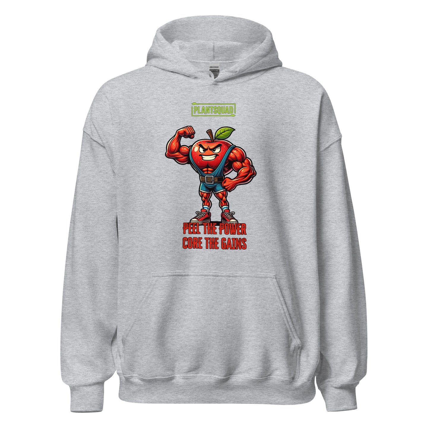 The Plantsquad Apple "Peel The Power Core The Gains" - Unisex Hoodie features a black vegan design with a muscular, anthropomorphic apple character in a fitness pose. The red apple, with a determined expression, is wearing a weightlifting belt. Above, it says 'PLANTSQUAD,' and below, 'PEEL THE POWER, CORE THE GAINS' in bold red text. Perfect for embracing your plant-based lifestyle.