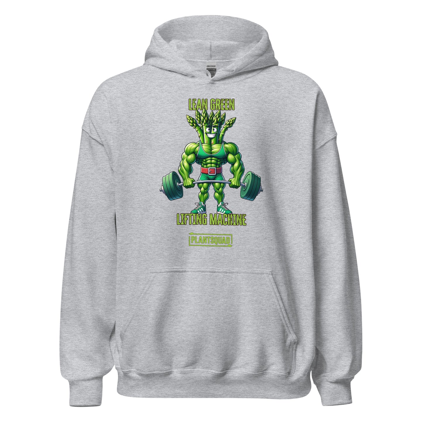 A black weight lifting hoodie featuring a muscular, green, humanoid plant character lifting two large dumbbells. Above the character are the words "Lean Green Lifting Machine" in green, and "PLANT SQUAD" is written below. Perfect vegan gym apparel for those embracing a plant-based lifestyle. Introducing the Plantsquad Asparagus "Lean Green Lifting Machine" - Unisex Hoodie.