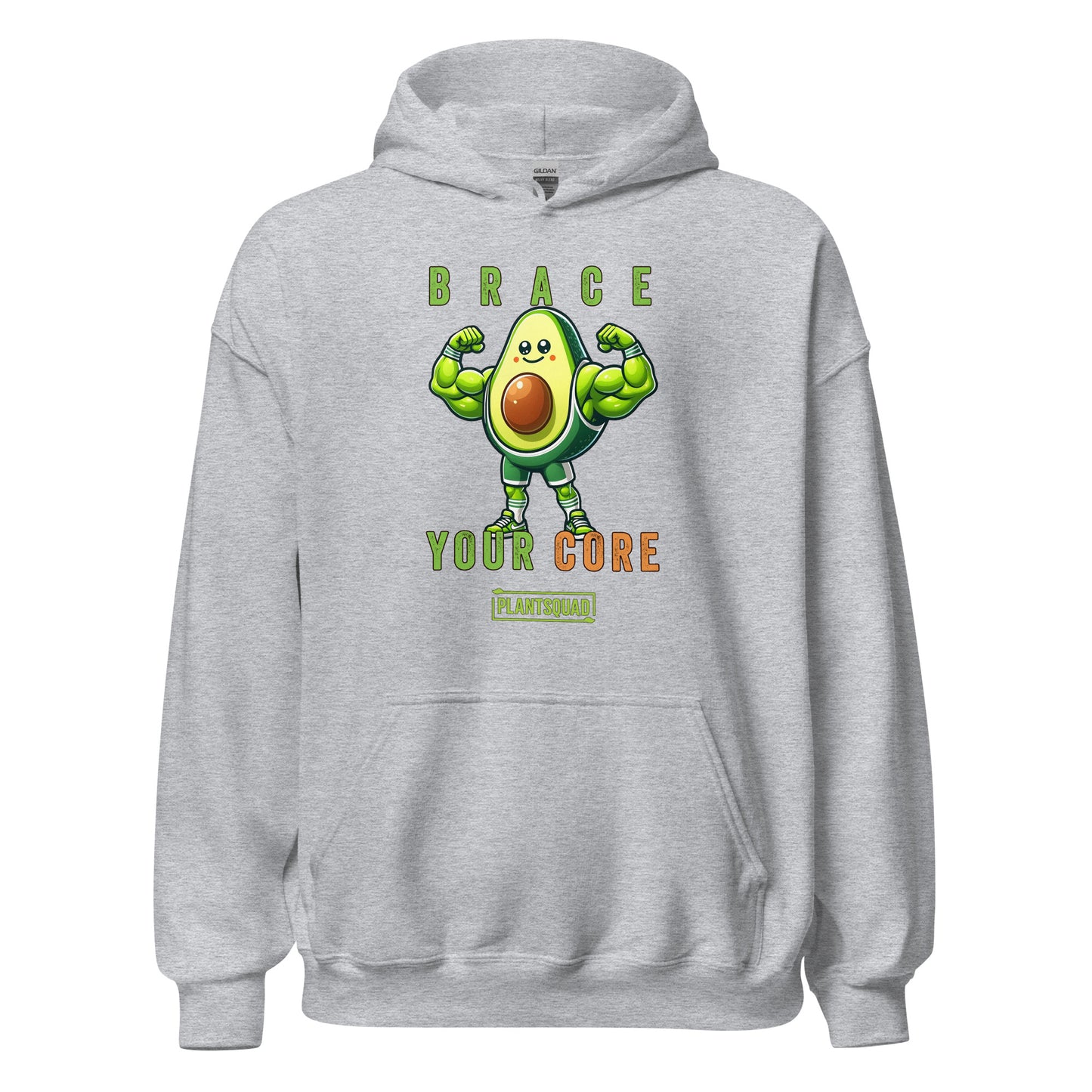 Plantsquad Avocado "Brace Your Core" - Unisex Hoodie featuring a muscular avocado cartoon flexing its arms. Text above the avocado reads "Brace," and below it says "Your Core" in green and orange letters. The bottom text reads "PLANT SQUAD" in a green box. Embrace the vegan lifestyle with this cozy fabric, perfect for weight lifting and more.