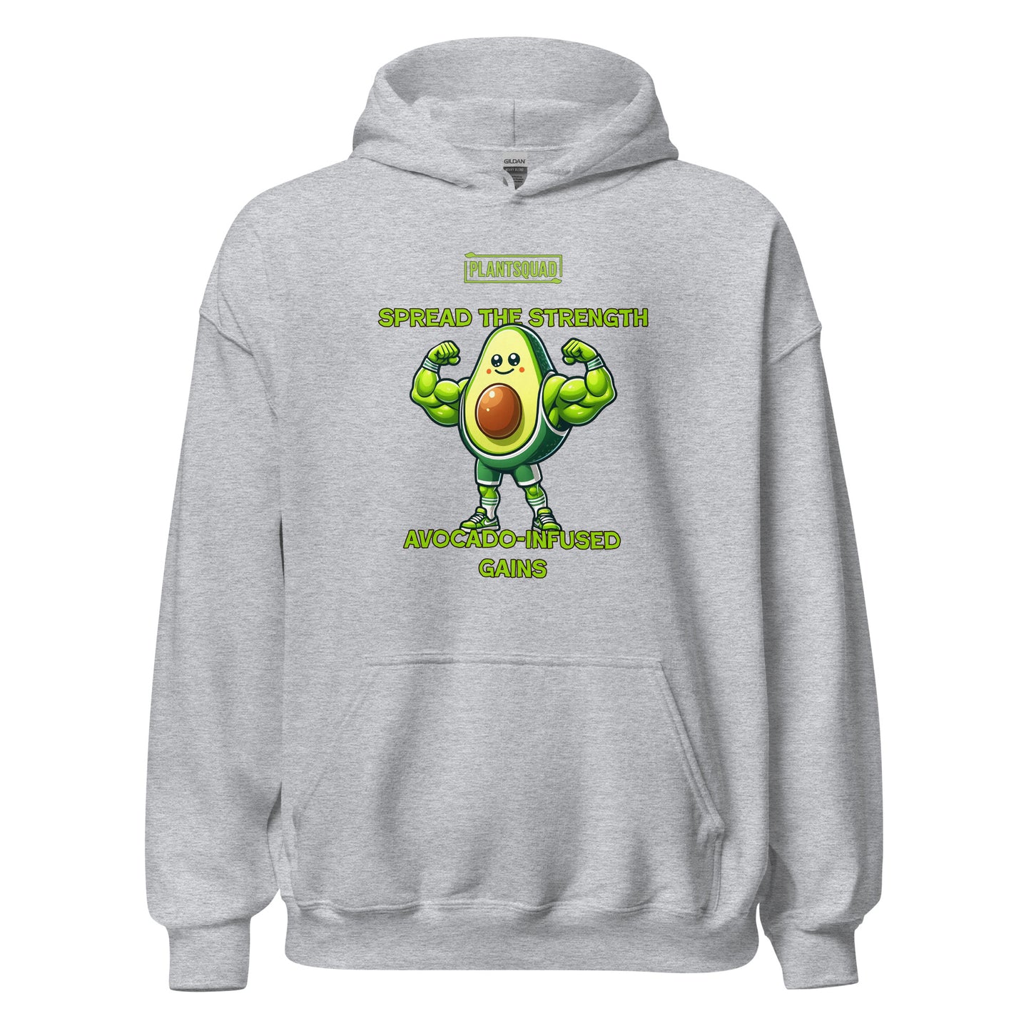 The **Plantsquad Avocado "Spread The Strength Avocado-Infused Gains" - Unisex Hoodie** features a smiling, muscular avocado character with flexed arms. Above it, the text reads "PLANTSQUAD." Below, in bright green letters: "SPREAD THE STRENGTH AVOCADO-INFUSED GAINS." Ideal for anyone embracing a vegan lifestyle and loving an avocado design.